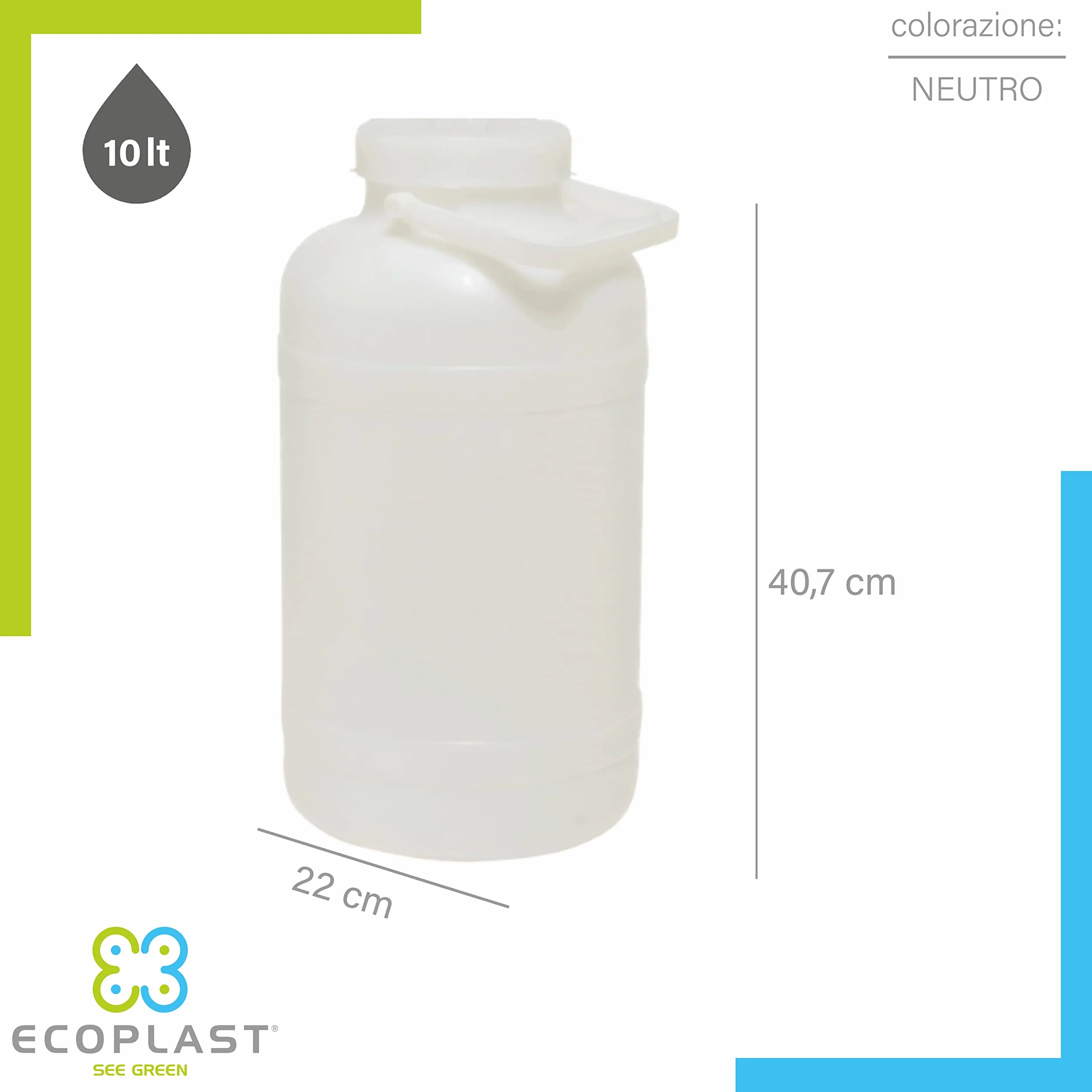 Ecoplast Fusto in Plastica a Bocca Larga con Guarnizione e Tappo, Capienza 10 Lt, Neutro