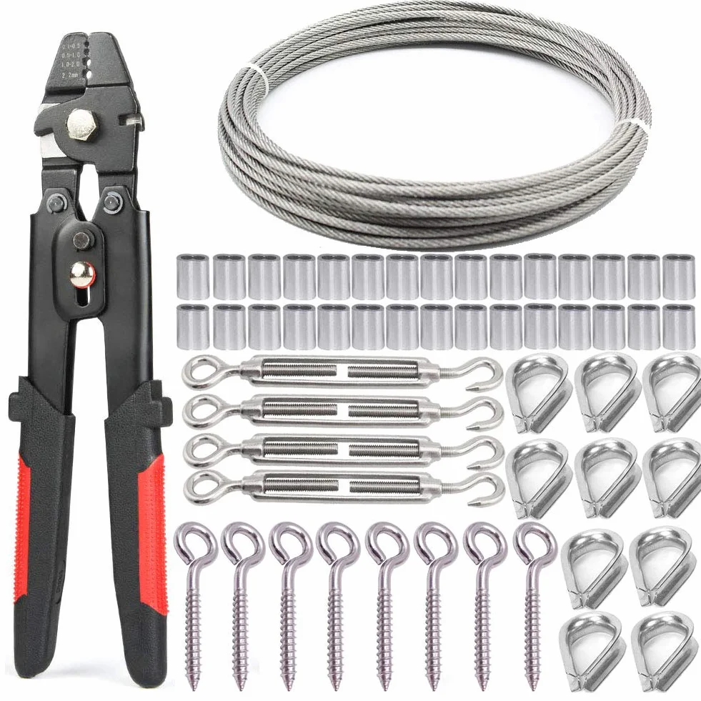 Cavo Acciaio Kit, Filo Acciaio Inox 2mm 30m + Pinza Crimpatrice + 30 Manicotti Alluminio + 4 Tenditori + 8 Viti a Occhiello + 10 Redance