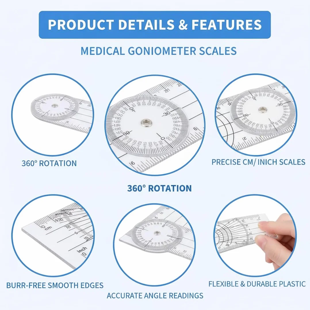 Goniometro in PVC per Fisioterapia, Misuratore di Angoli Medico, Protrattore Trasparente 360° 36 cm