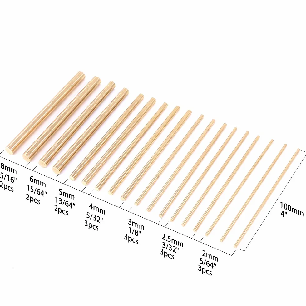 Swpeet 18 pezzi assortiti in ottone massiccio tondo kit per tornio bar diametro 2 mm 8 mm lunghezza 100 mm
