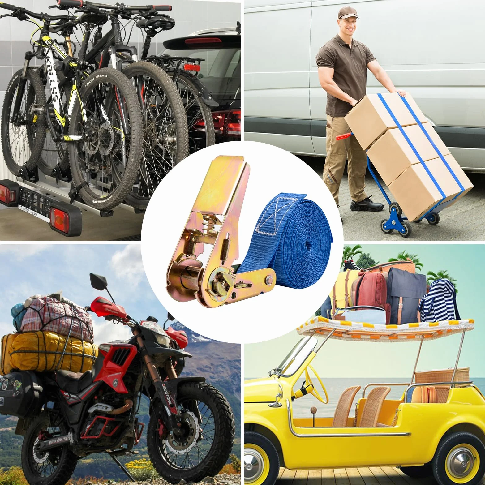 Carehabi Cinghia di fissaggi 4M,Set da 2 Pezzi,Lunghezza Fino a 800 kg,Cinghie di serraggio Per il trasporto di materiali,motocicli,biciclette,rimozioni,pacchi bagagli,camping(Blu)