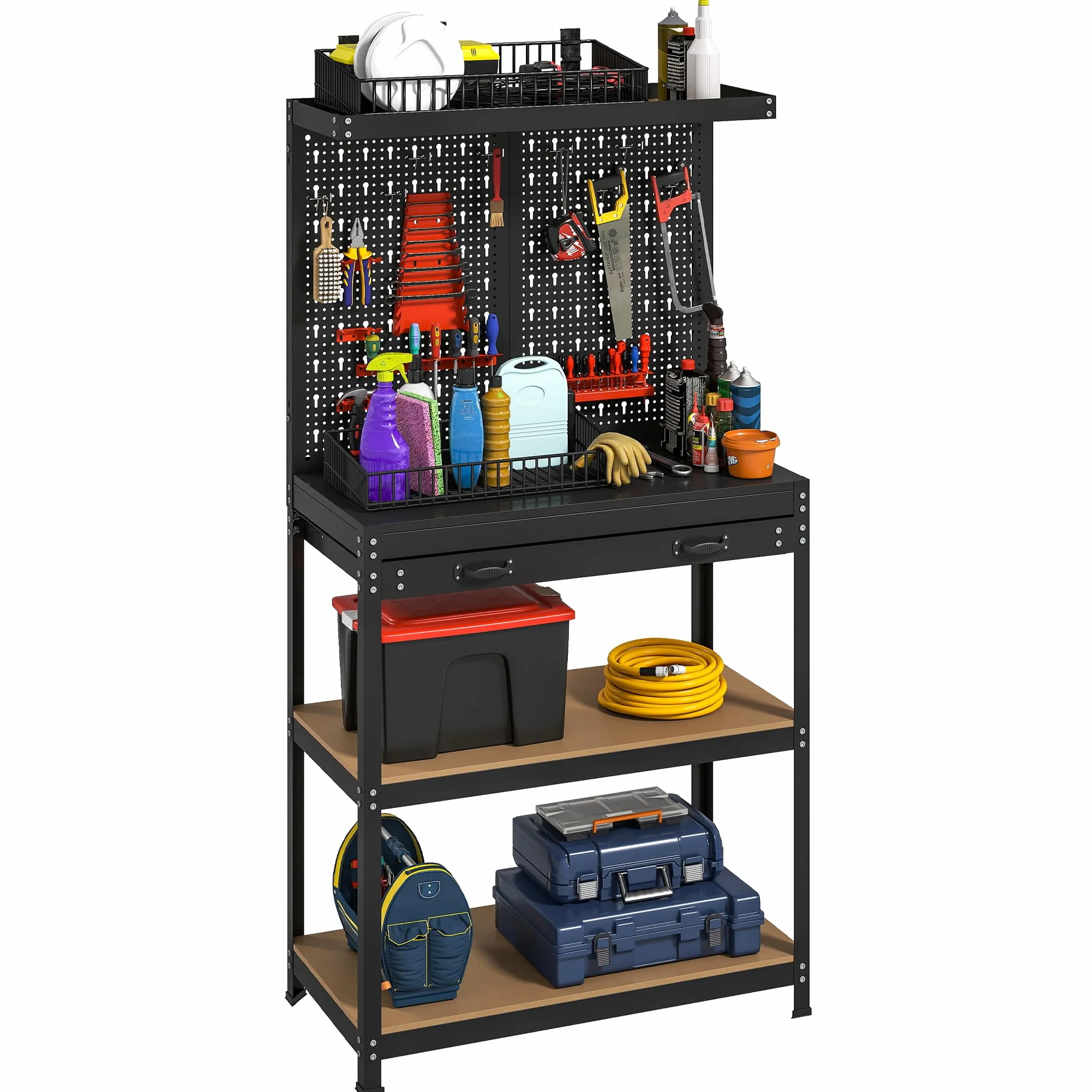 HOMCOM Banco da lavoro 80 x 40,5 x 155 cm, con parete forata, gancio, cassetto, 2 ripiani, tavolo da lavoro 240 kg, portata tavolo da lavoro in metallo, per officina, colore nero