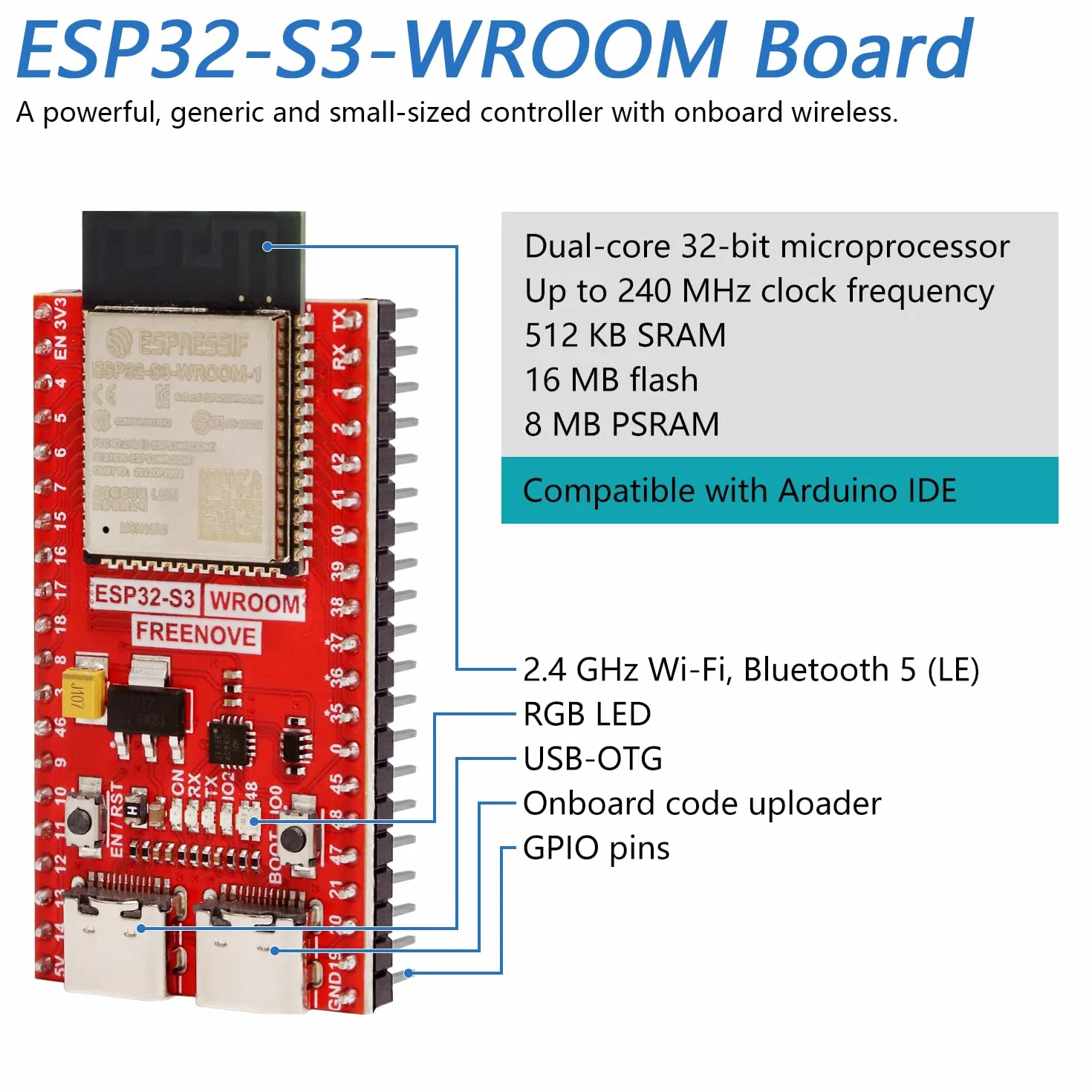 Freenove ESP32-S3 Board Lite 16 MB Flash 2 Pack Dual-core 32-bit 240 MHz Microcontroller Wireless Python C