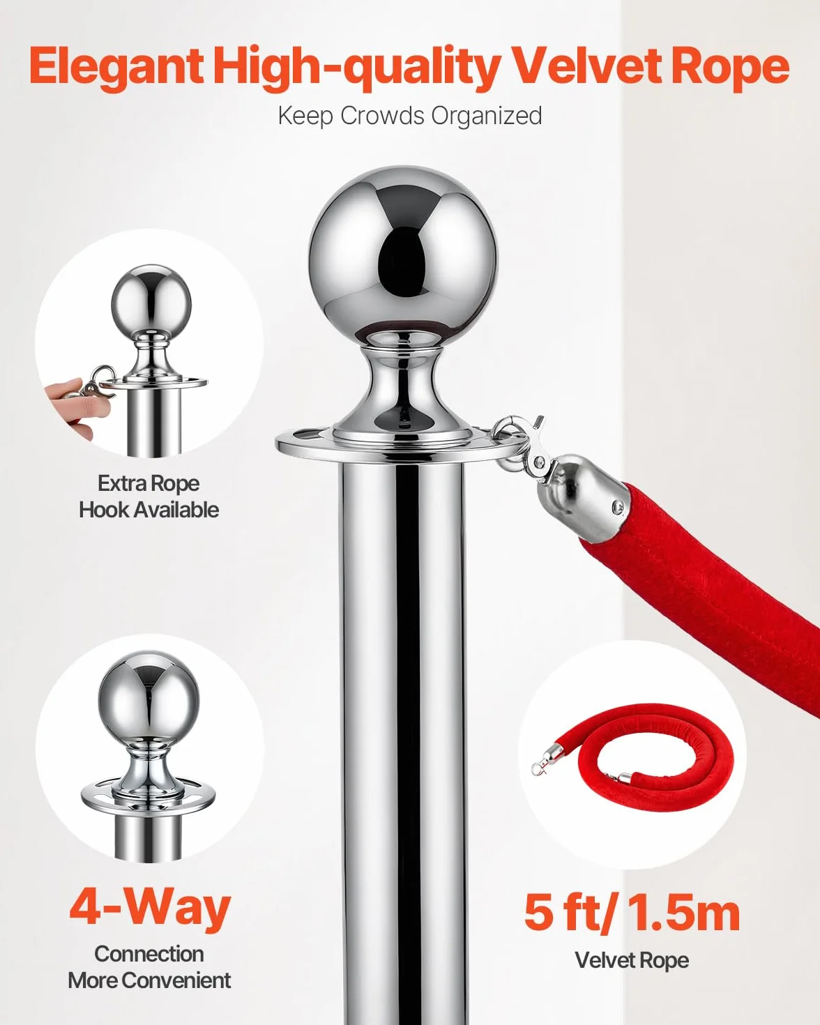 VEVOR Paletto di Sostegno Set di 4 Barriere Controllo Folla Corde Velluto Rosso Acciaio Inox 1,5 m Base Cava