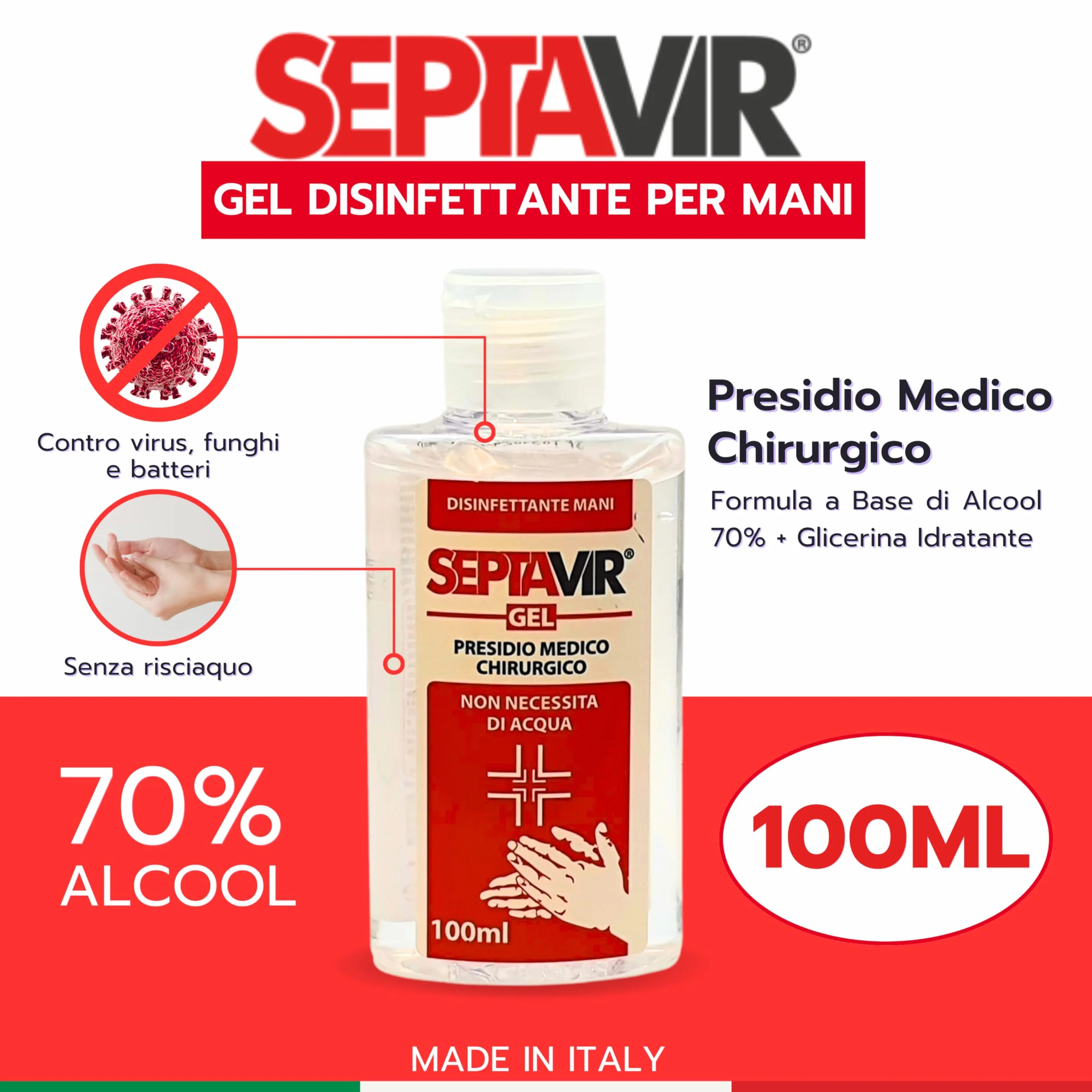 Disinfettante Mani Gel 100ml Pronto all’Uso Presidio Medico Chirurgico Senza Risciacquo