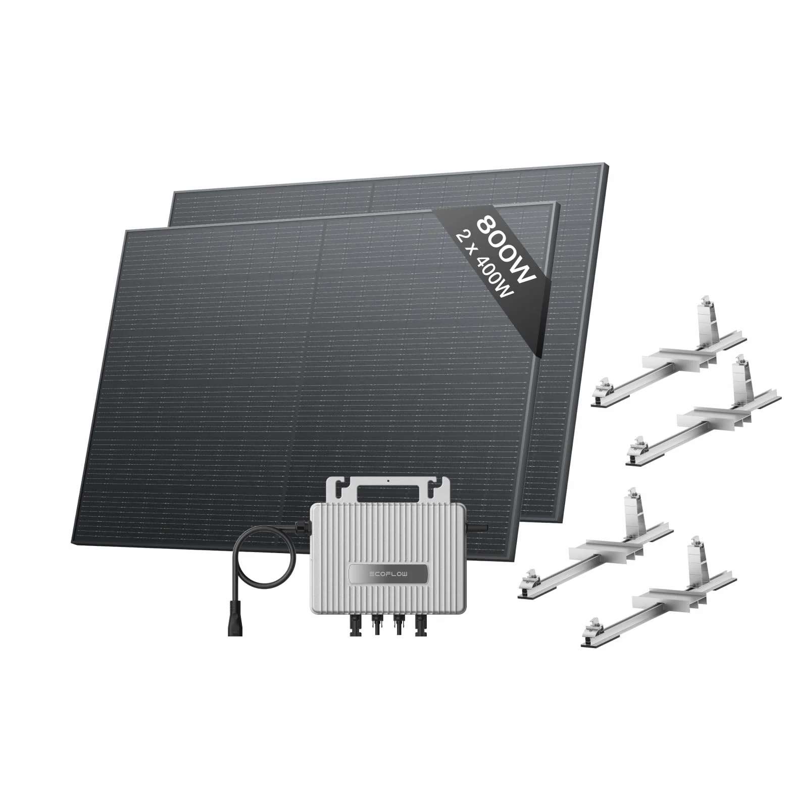 EcoFlow STREAM Fotovoltaico da balcone, 600W microinverter grid tie, 2x400W pannelli solari FV+2*Supporto-Tetto piatto, controllo Wi-Fi/app per tetti piatti e giardini
