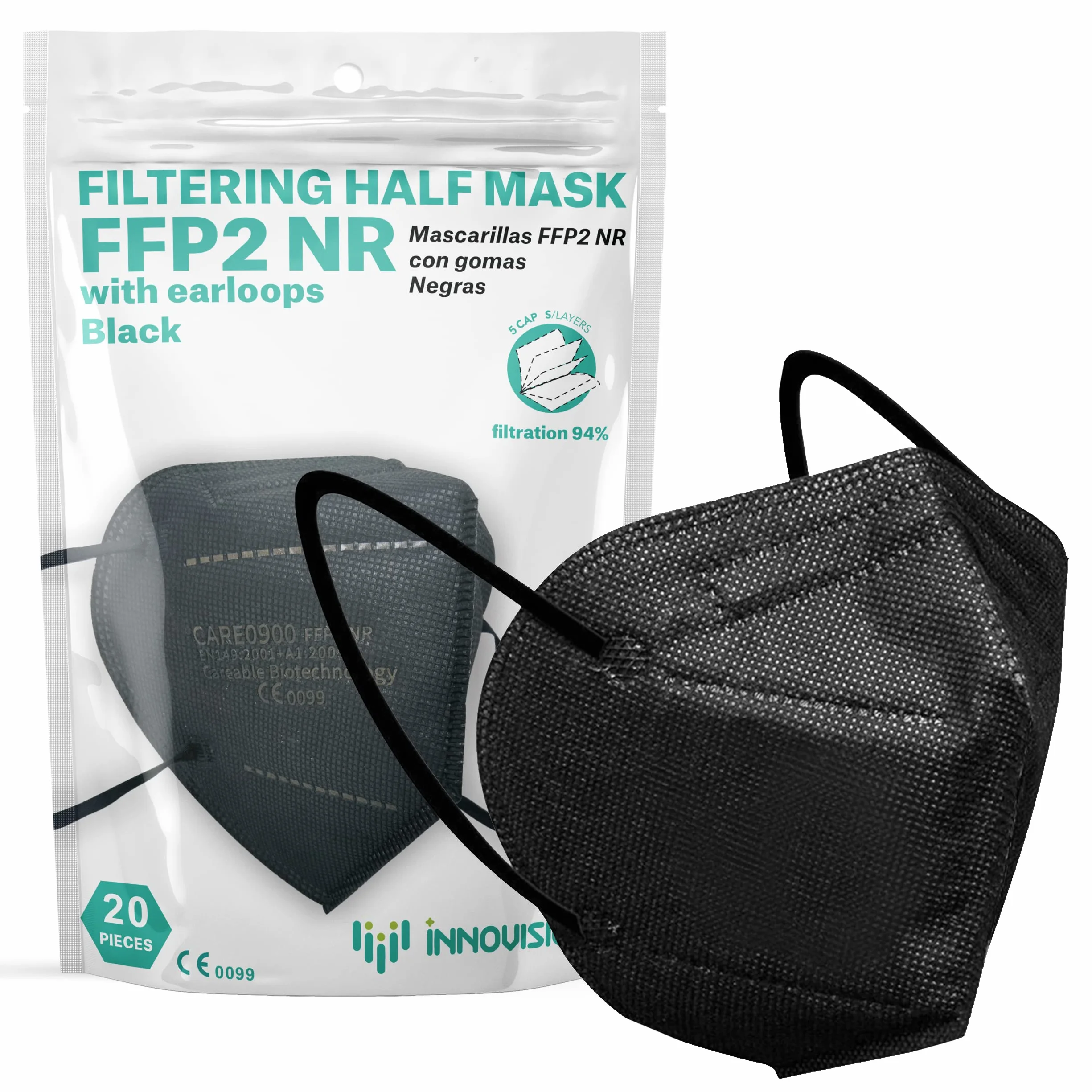 Mascherine FFP2 CE 0099, Pacchetto da 20 unità - Nero