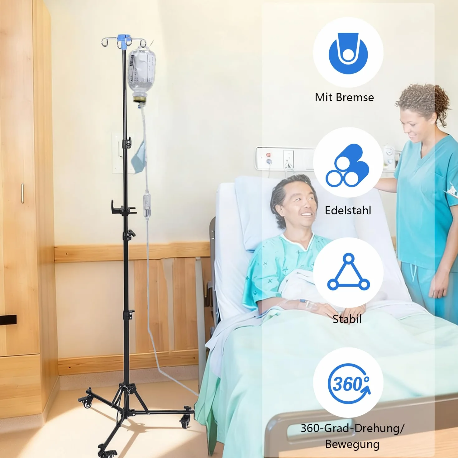 Supporto per infusione regolabile con ruote, altezza regolabile 90 – 190 cm, pieghevole con 4 ganci, 3 tasche in rete e 1 custodia, supporto portatile per IV per ospedale e cura della casa