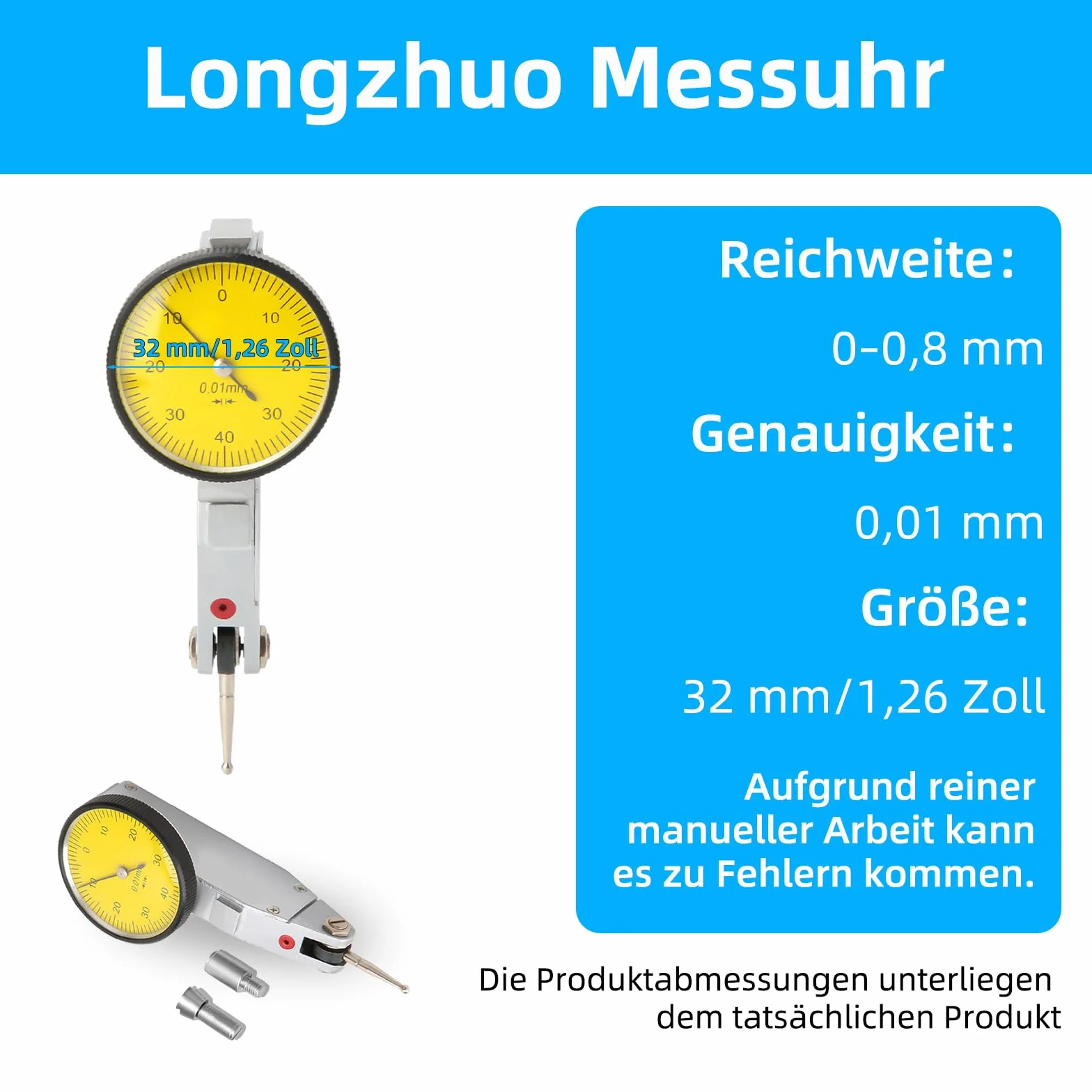 Indicatore a quadrante 0-0,8 mm Guide magnetiche a coda di rondine Indicatore a quadrante Strumento di misurazione del calibro a quadrante da 0,01 mm (accessori inclusi)