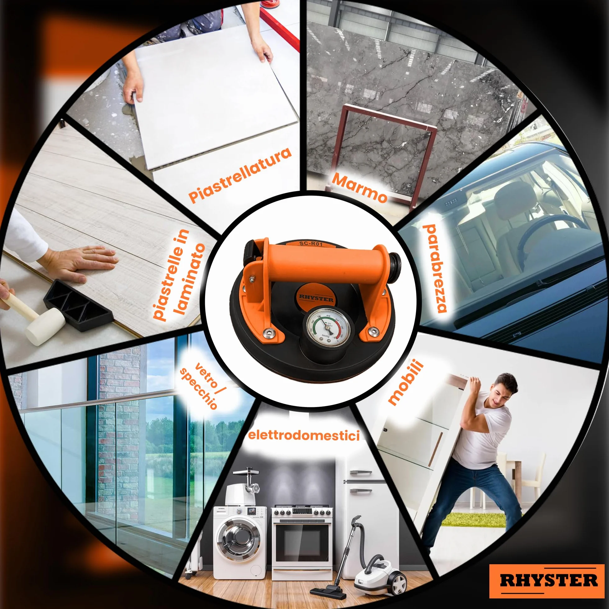2 Ventose per Piastrelle con Manometro e Indicatore di Sicurezza, Diametro 200 mm, Supporto Fino a 320 kg, Ideale per Piastrelle, Vetri, Parabrezza, Mobili, Kit di Ricambio per Valvole