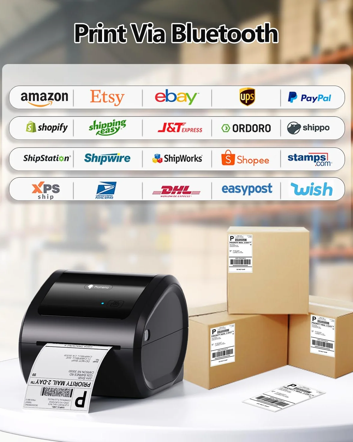 Phomemo Stampante per etichette Bluetooth, stampante termica DHL 4X6 per Mac/PC, stampante Bluetooth per codici a barre, Amazon, Etsy, Shopify, Royal Mail, DHL, FedEx, UPS