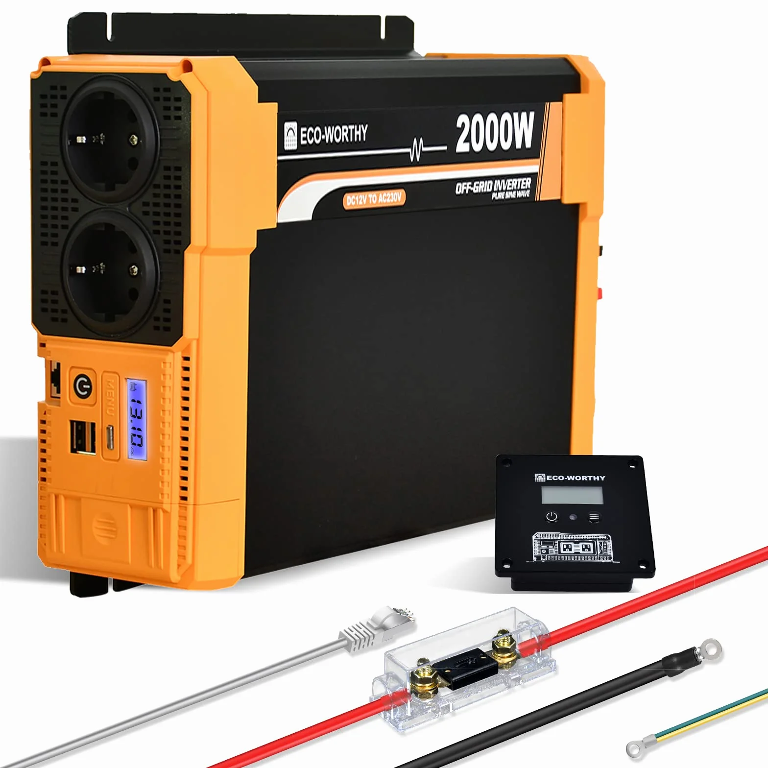 ECO-WORTHY Convertitore 12 V 220 V puro seno, inverter solare 2000 W trasformatore fuori rete con 2 x 18 W porta USB incorporata, 2 prese AC, 1 terminali hardwire e 1 fusibile 200 A