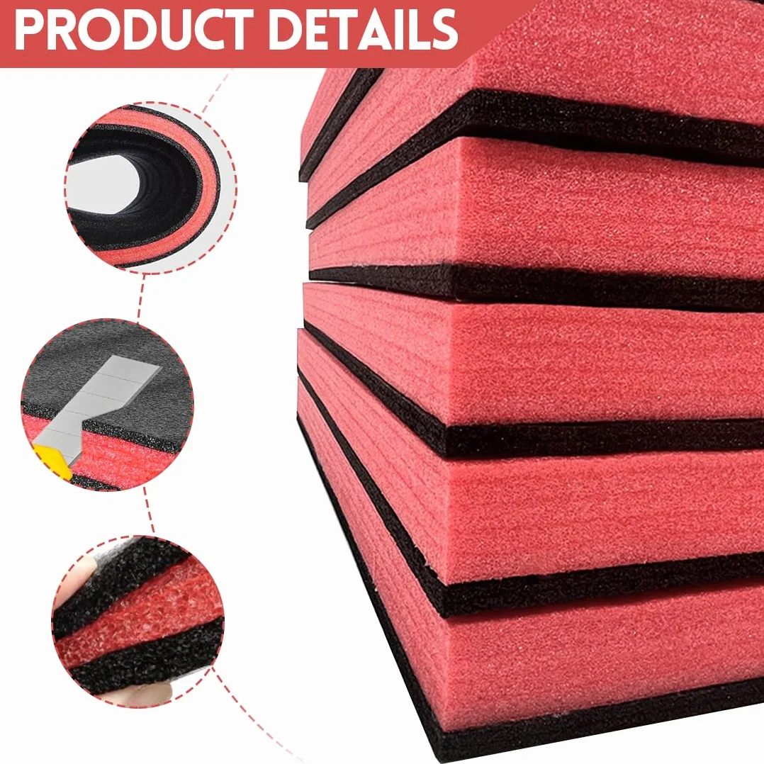 RANJIMA Pannello in schiuma, 4 pezzi, 40 x 30 x 2,5 cm, colore nero e rosso, cassetta degli attrezzi, inserto per valigia, inserto per attrezzi