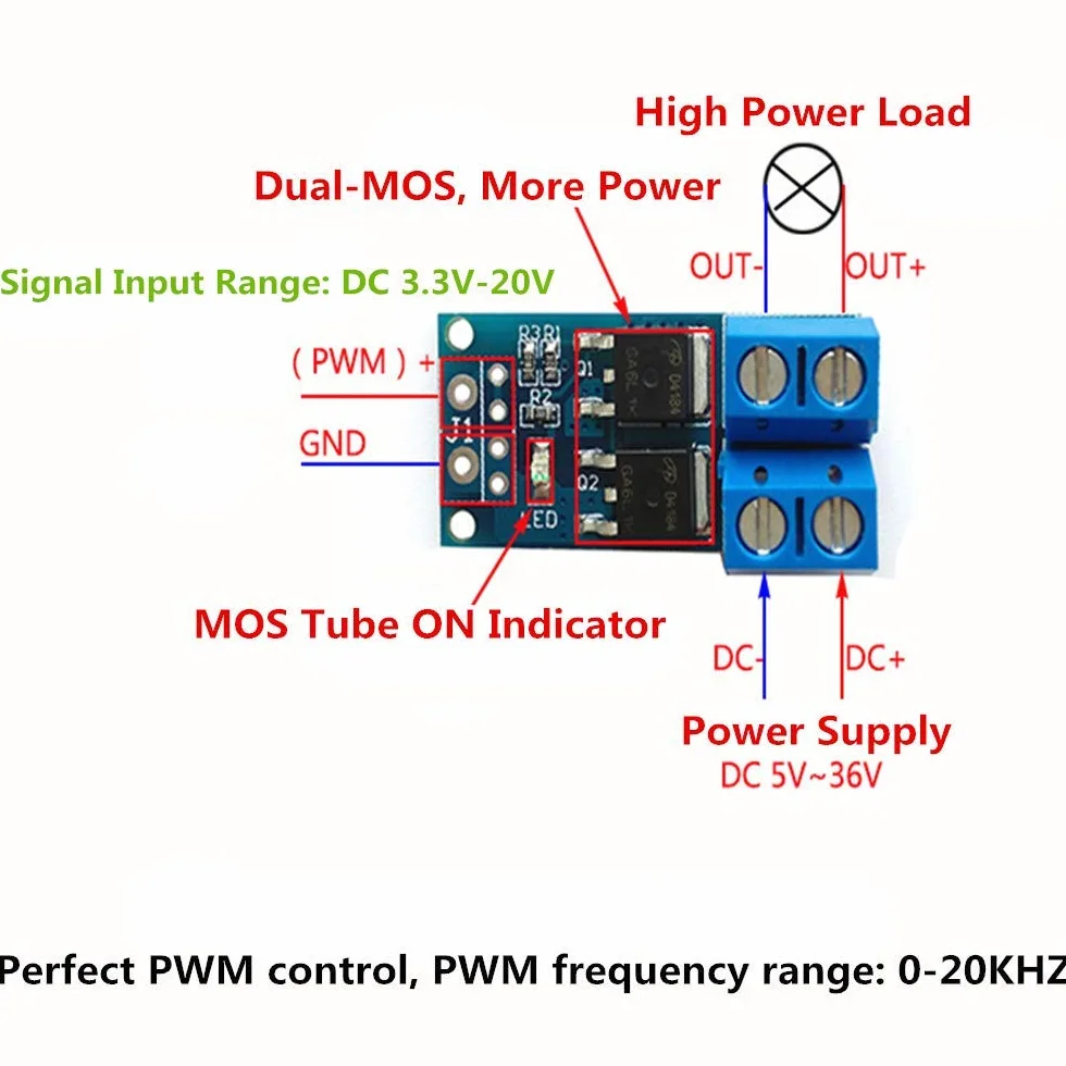 Doppio Interruttore MOSFET ad Alta Potenza Trigger Switch Drive Module 5PCS DC 5V-36V 15A 400W