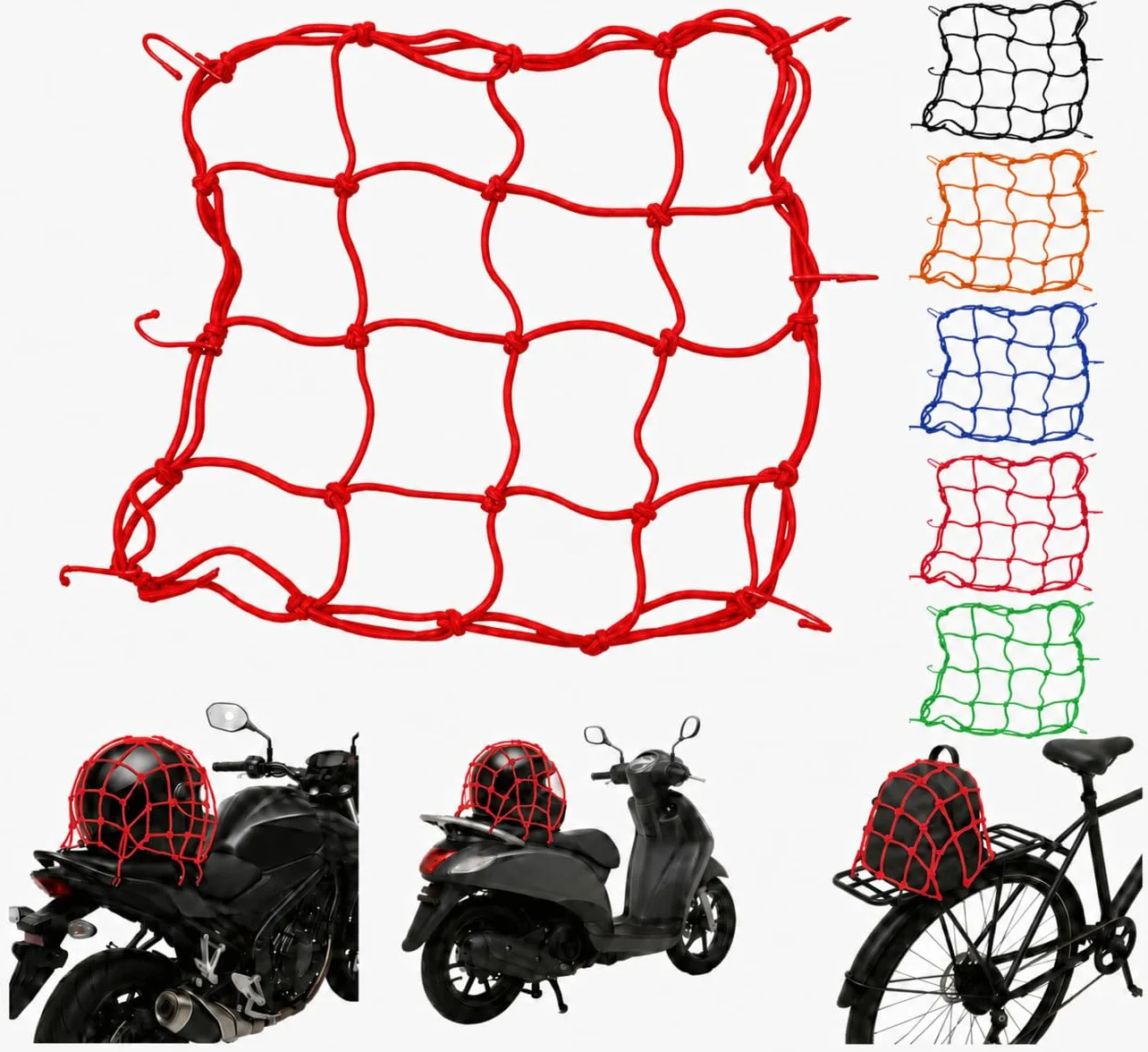 Rete Ragno Moto Elastica con Ganci – Fissaggio Bagagli e Casco per Portapacchi/Sella – Universale per Moto, Scooter e Bici – Alta Elasticità, Ganci Antigraffio (Rosso)