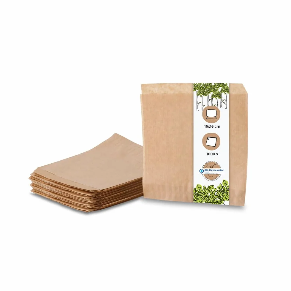 BIOZOYG Sacchetto di carta snack resistente al grasso | biodegradabile e compostabile | antiaderente non sbiancato | 16 x 16 cm | 1000 pezzi, marrone