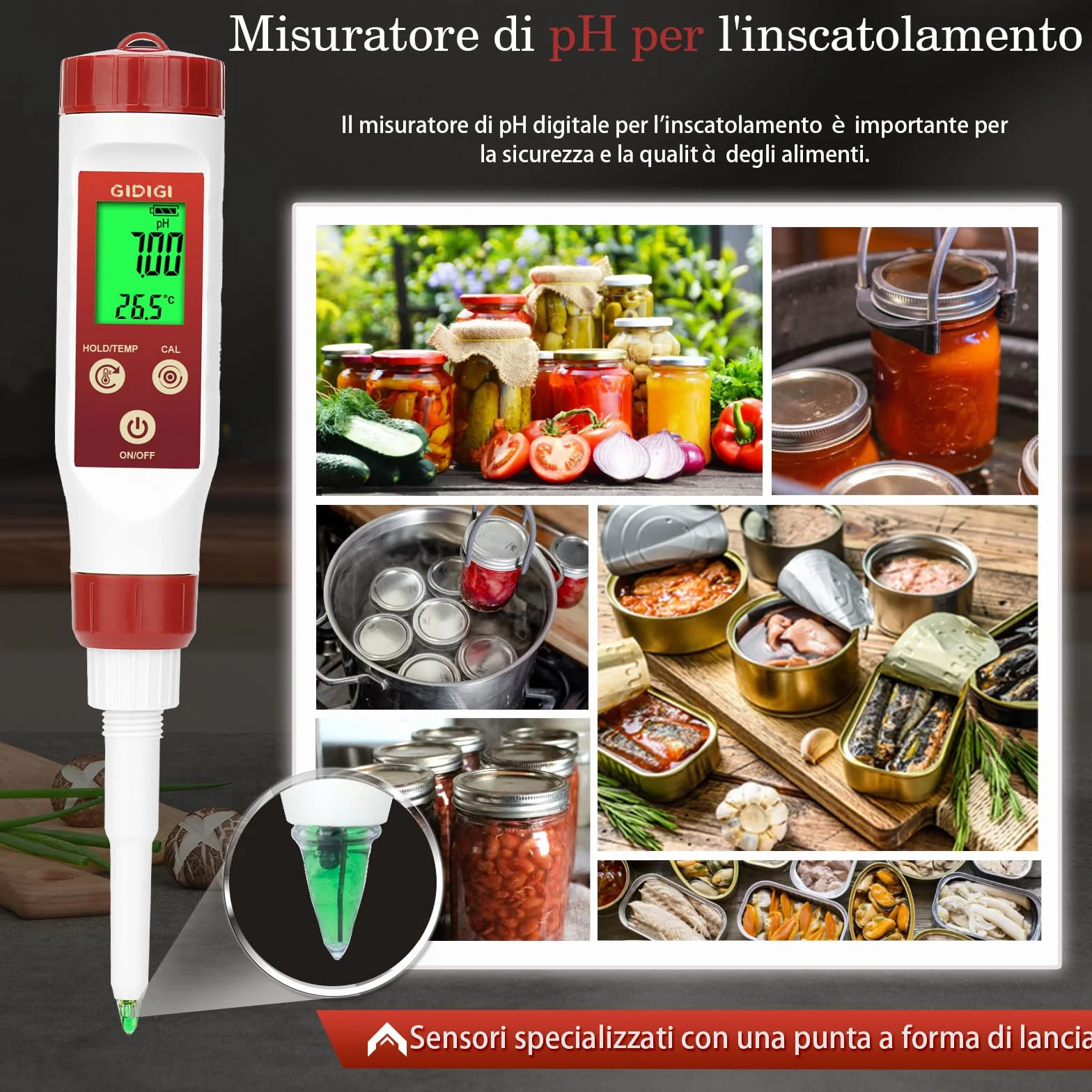 Tester di pH per alimenti GIDIGI, sonda di pH per pasta madre e pane, misuratore di pH professionale per fermentazione, formaggio, carne, inscatolamento, sonda di pH a lancia per semisolidi, acqua