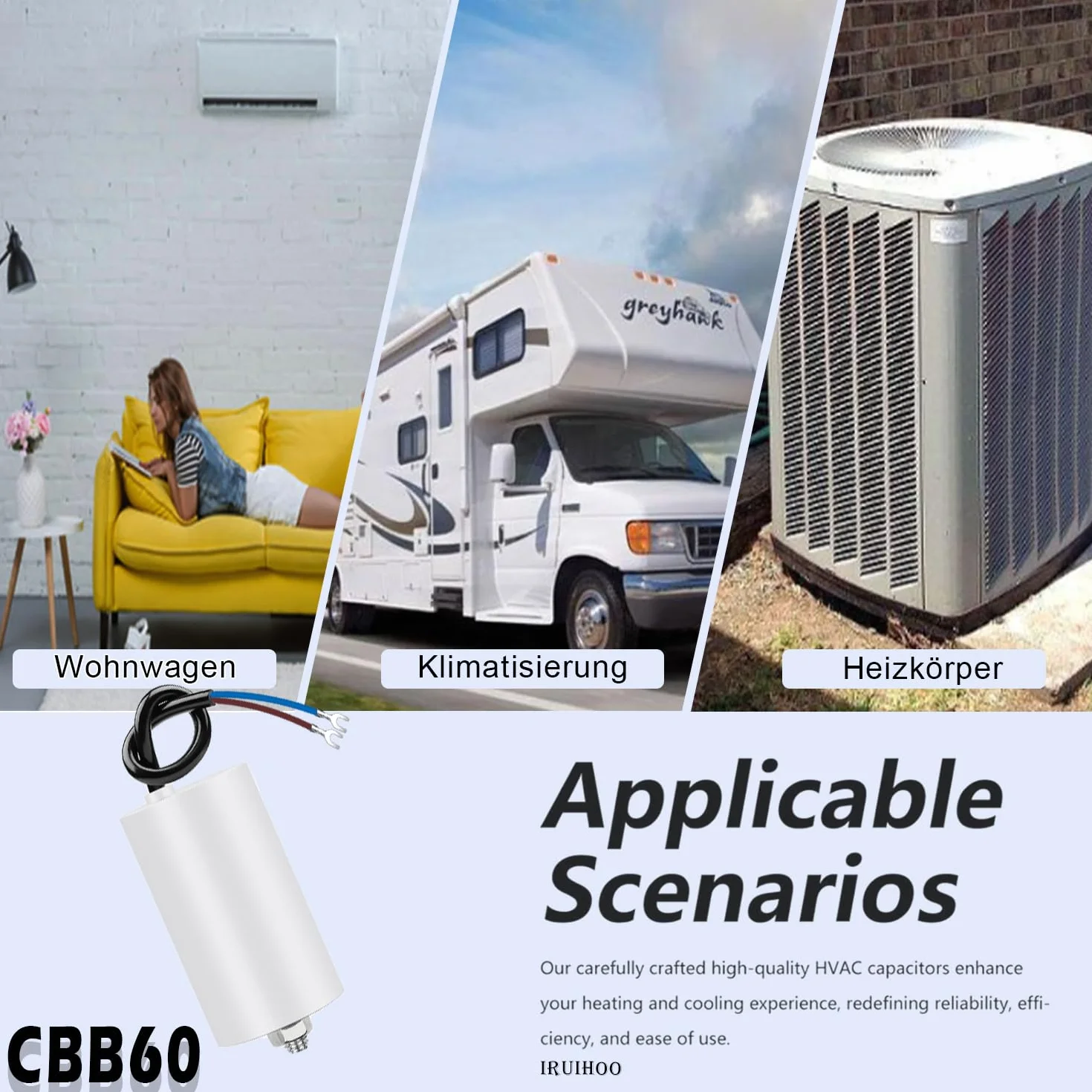 Iruihoo CBB60 Condensatore Motore 10 µF 450 V 50/60 Hz Avviamento con Filo M8