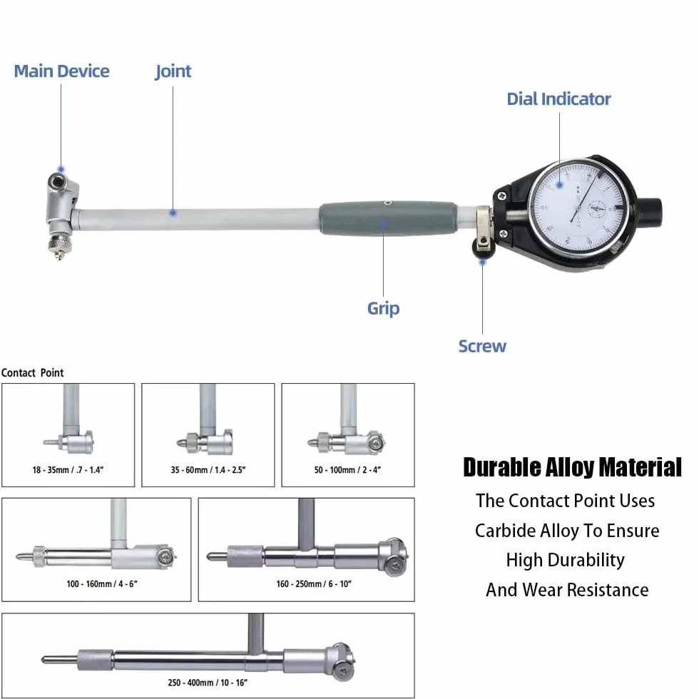 Strumento Di Misurazione Della Precisione Del Diametro Interno 50-160 Mm, Precisione 0,01 Mm, Profondità 150 Mm, Completo Di 12 Punte Intercambiabili e Custodia, Con Indicatore a Quadrante