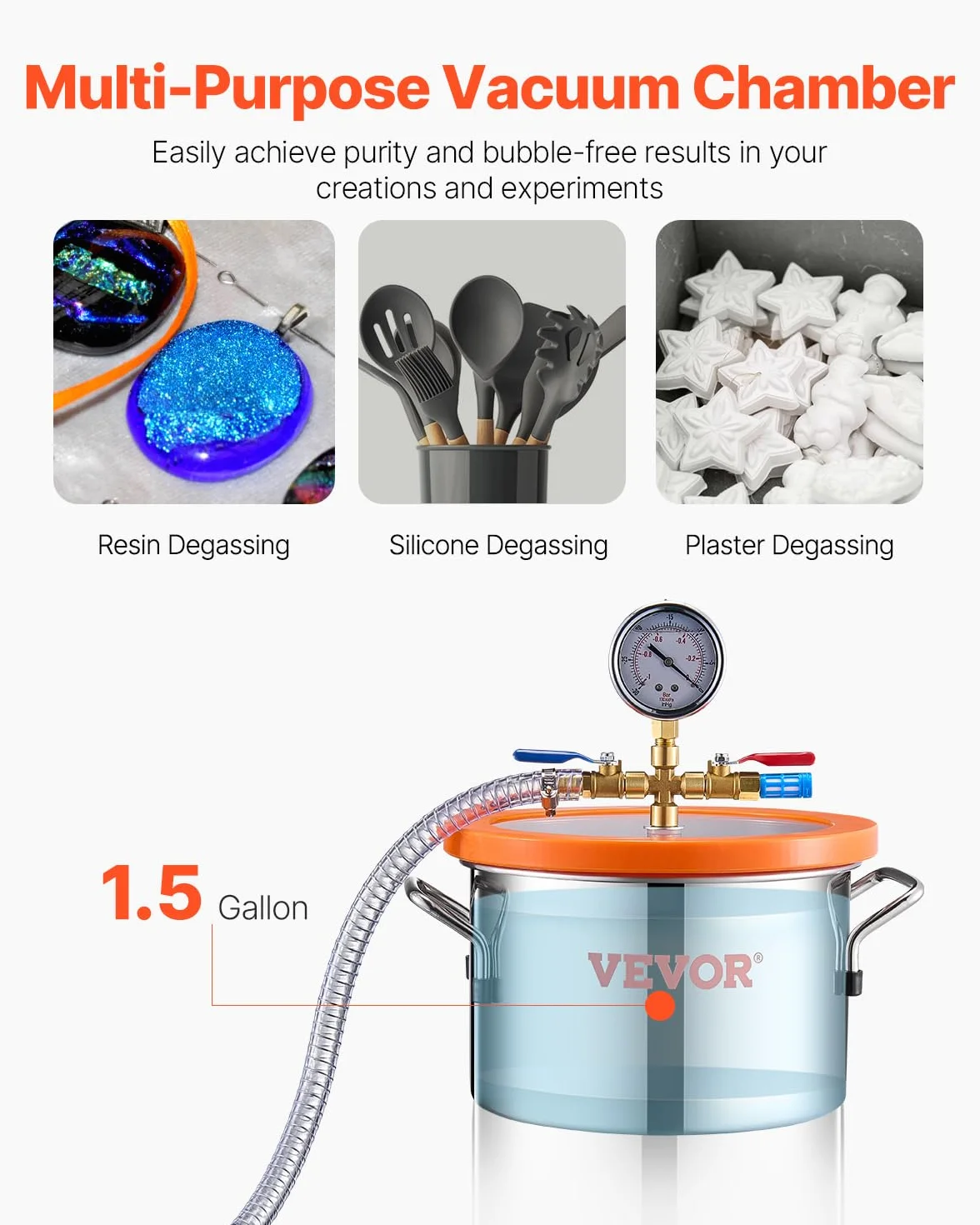 VEVOR Kit Camera a Vuoto 5,67 L e Pompa 2,12L/s, in Acciaio Inox, Camera di Degasaggio Pompa a Vuoto Monostadio, con Coperchio, Olio, Tubo Flessibile, per Degasaggio Resina Epossidica Siliconica