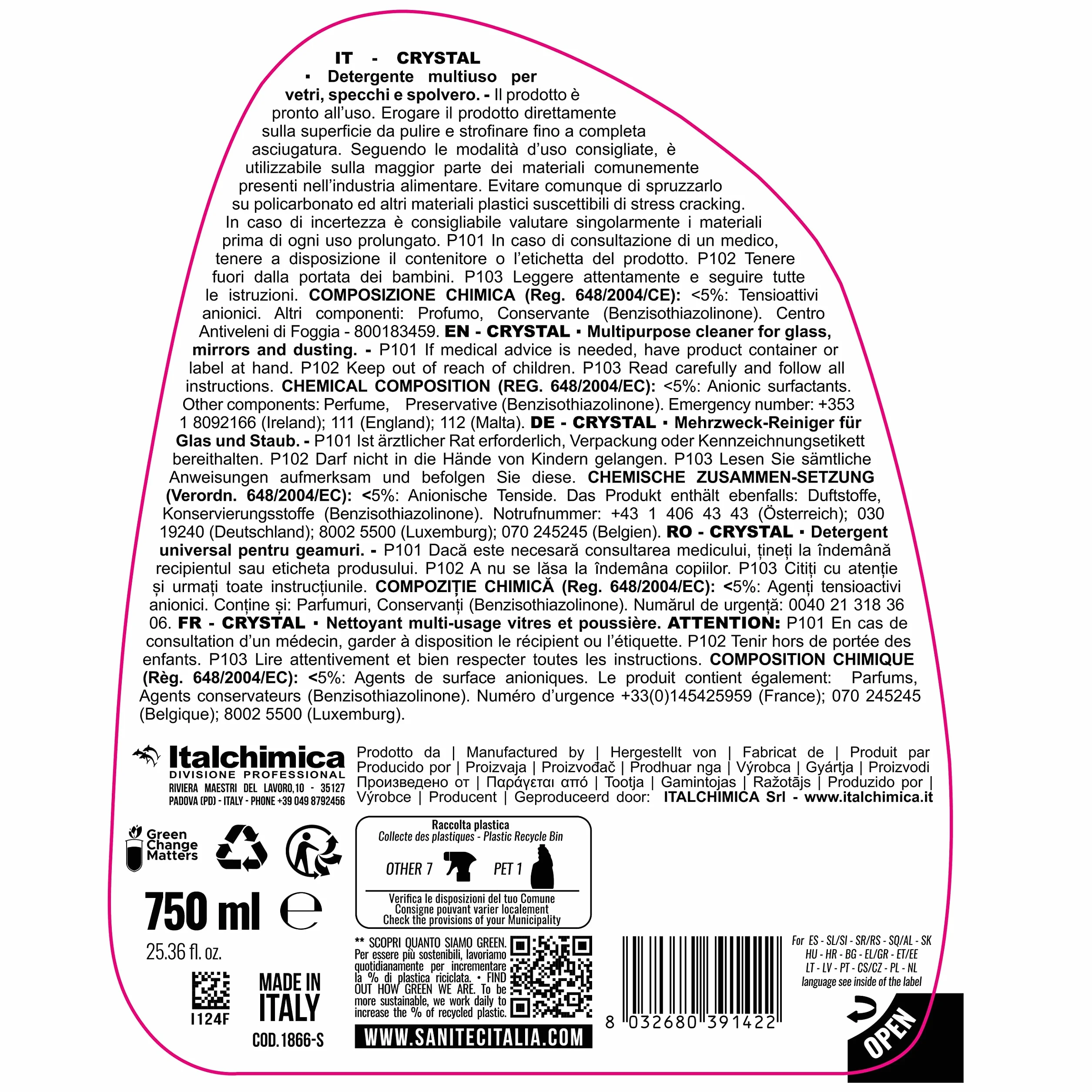 Sanitec Crystal Anti Alone Detergente Multiuso Profumato 750 ml