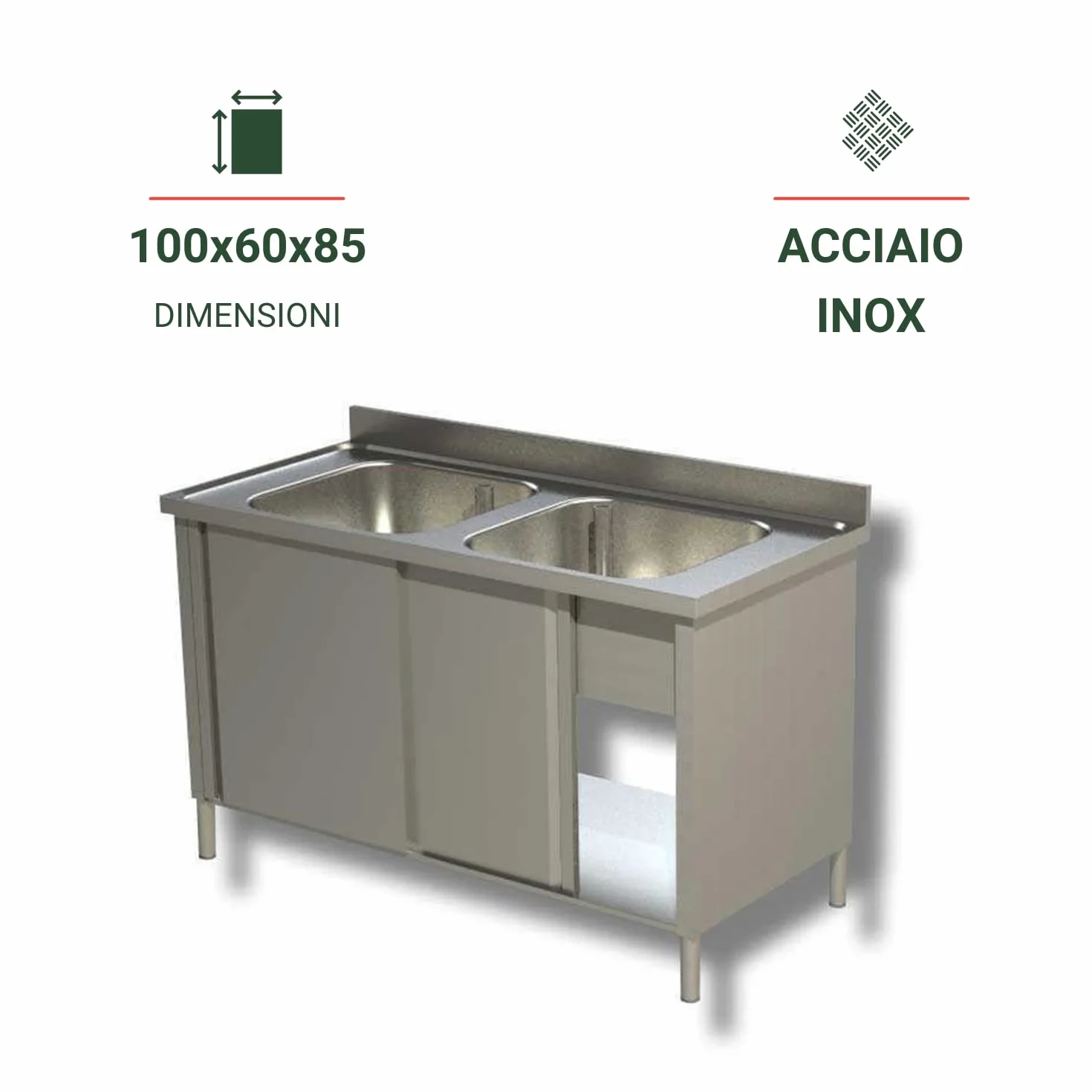 Ristoattrezzature Lavello Armadiato in Acciaio Inox - Professionale, per Cucine Ristoranti e Pizzerie - 2 Vasche 2 Porte Scorrevoli - 100x60x85h cm