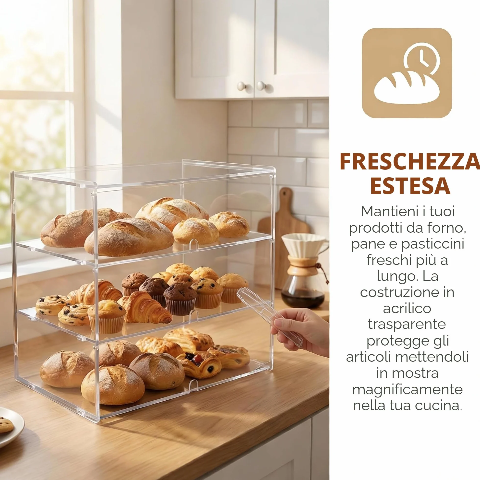 3 ripiani in acrilico trasparente per panetteria, vetrina da 5 mm, pannelli PETG ad alto impatto, 49.5 x 38 x 26 cm, porte anteriori con fori per le dita