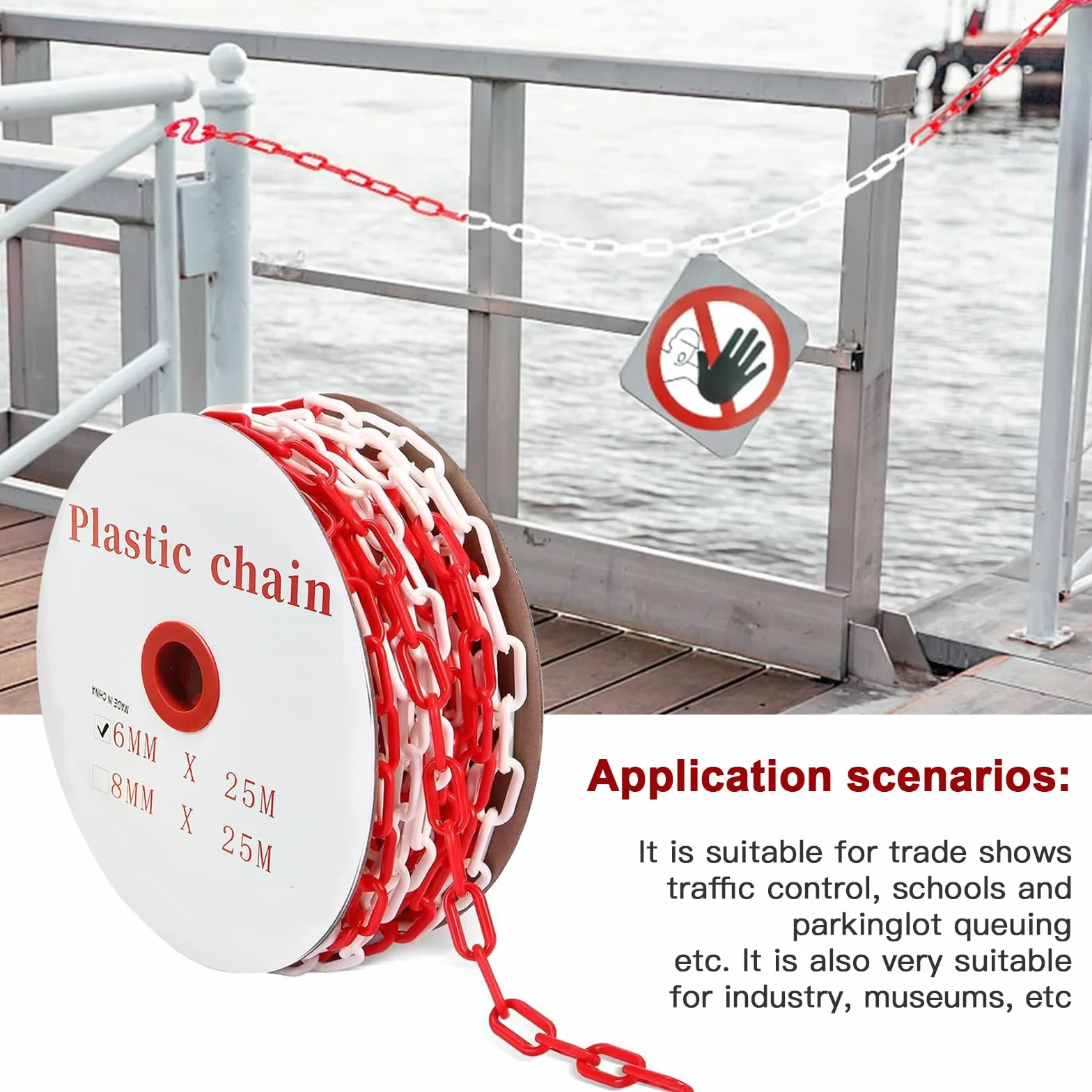 Catena di sicurezza in plastica, 35 m, 35 m, in plastica, 6 mm, con 6 ganci a S, catena di sicurezza in plastica, per cantieri, parcheggio e manutenzione degli ordini