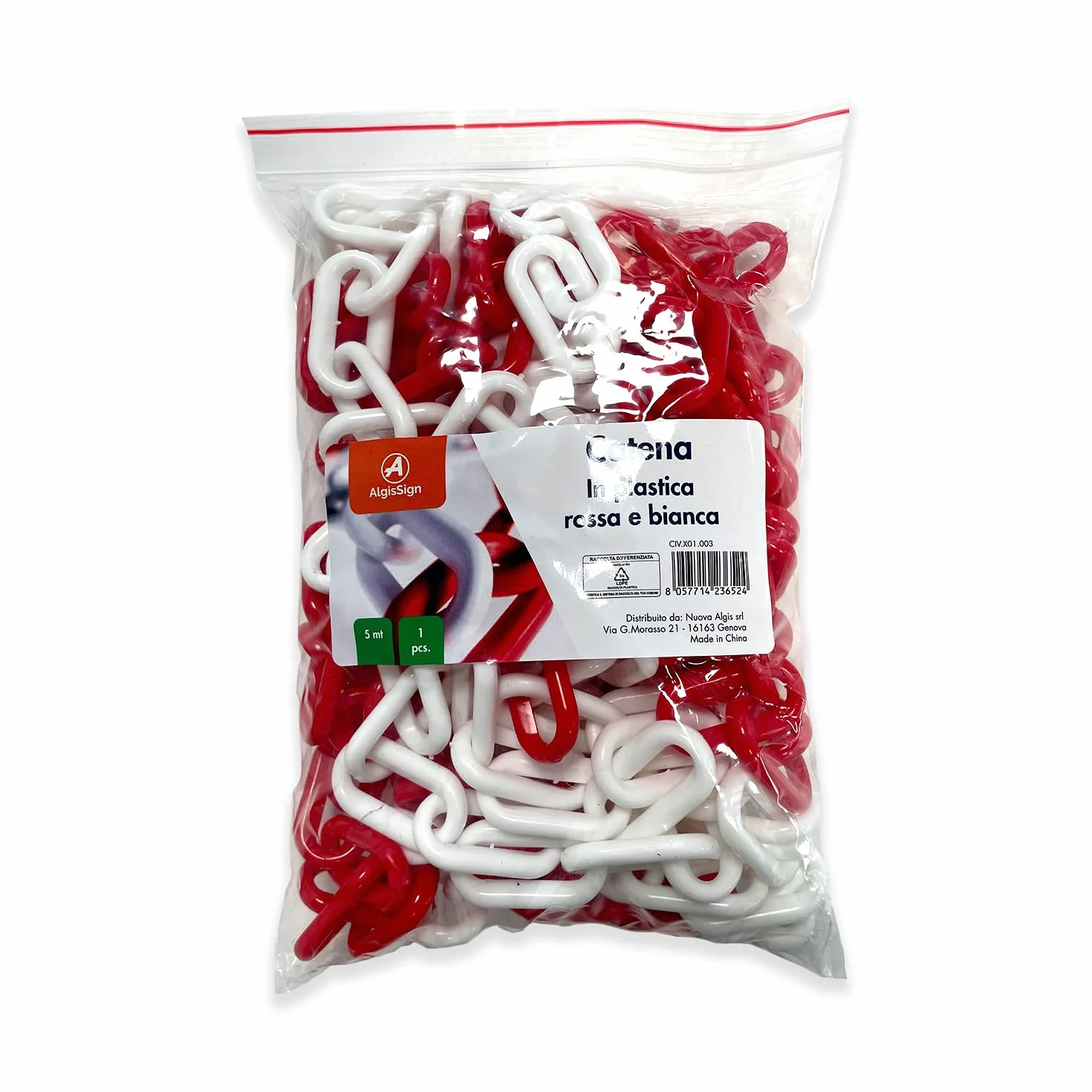 Catena in plastica Bianca e Rossa ad alta visibilità adatta per delimitare uno spazio un parcheggio o un'area pericolosa. Lunghezza 5 Metri