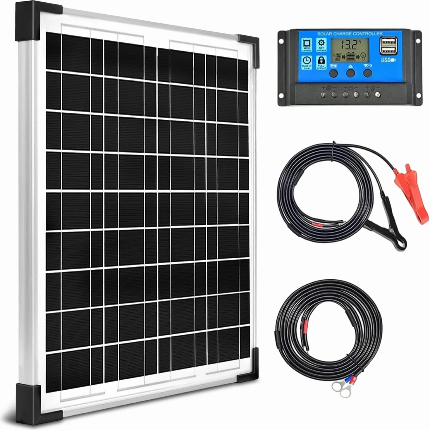 Kit pannello solare da 20 W, 12 V/24 V, caricabatterie per regolatore di carica PWM da 10 A + cavo di prolunga