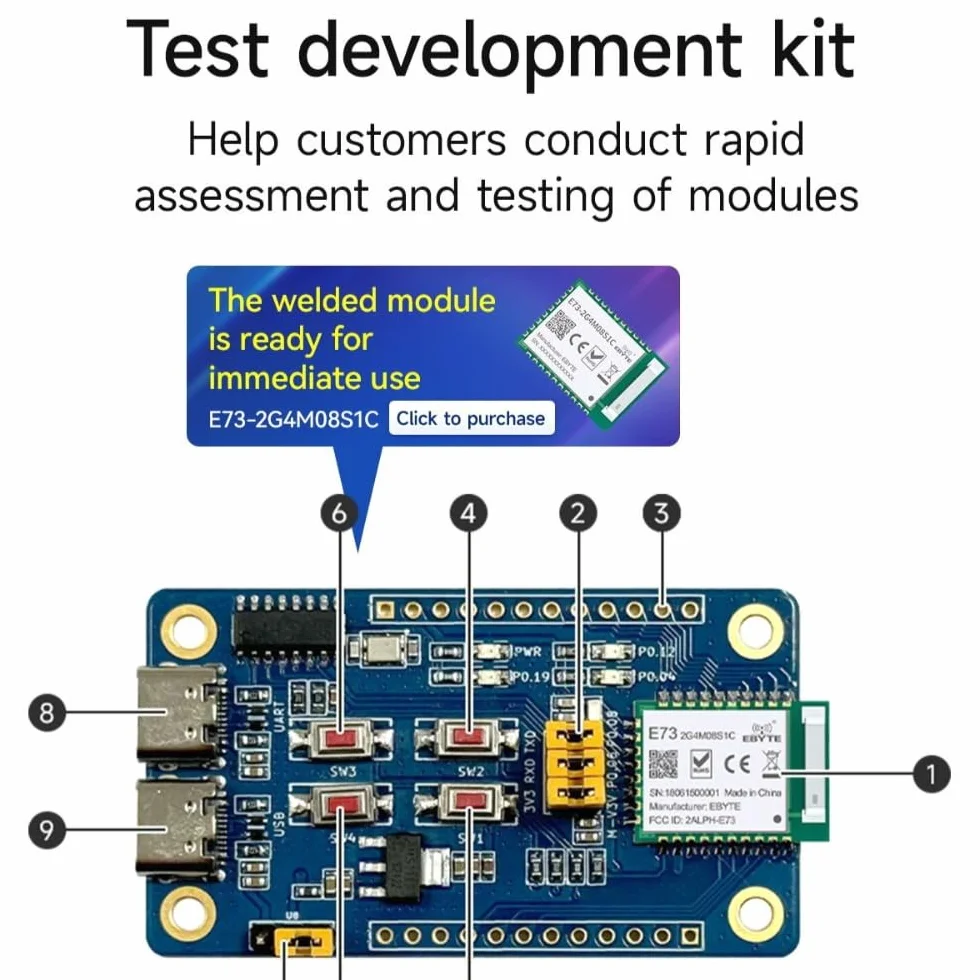 NRF52840 Ble4.2/5.0 Scheda di prova EWT73-2G4M08S1C Pre-saldato E73-2G4M08S1C modulo ricetrasmettitore RF ARM CORTEX-M4 Core Low Power Industrial Grade