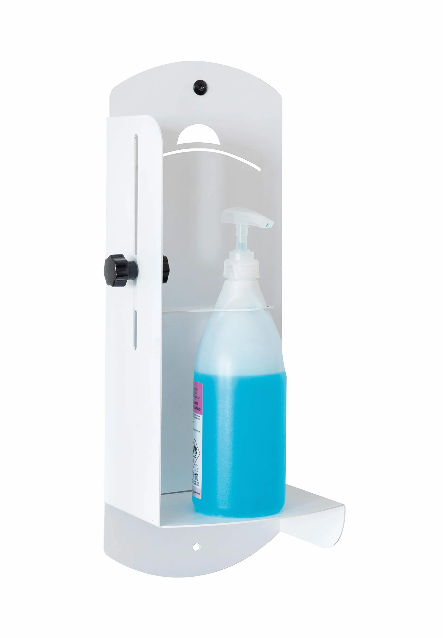 Supporto a parete per Dispenser Gel disinfettante o sapone modello XL Bracky THE LAB Bianco, Porta flacone igienizzante mani, adattabile ai diversi flaconi in commercio medio grandi.