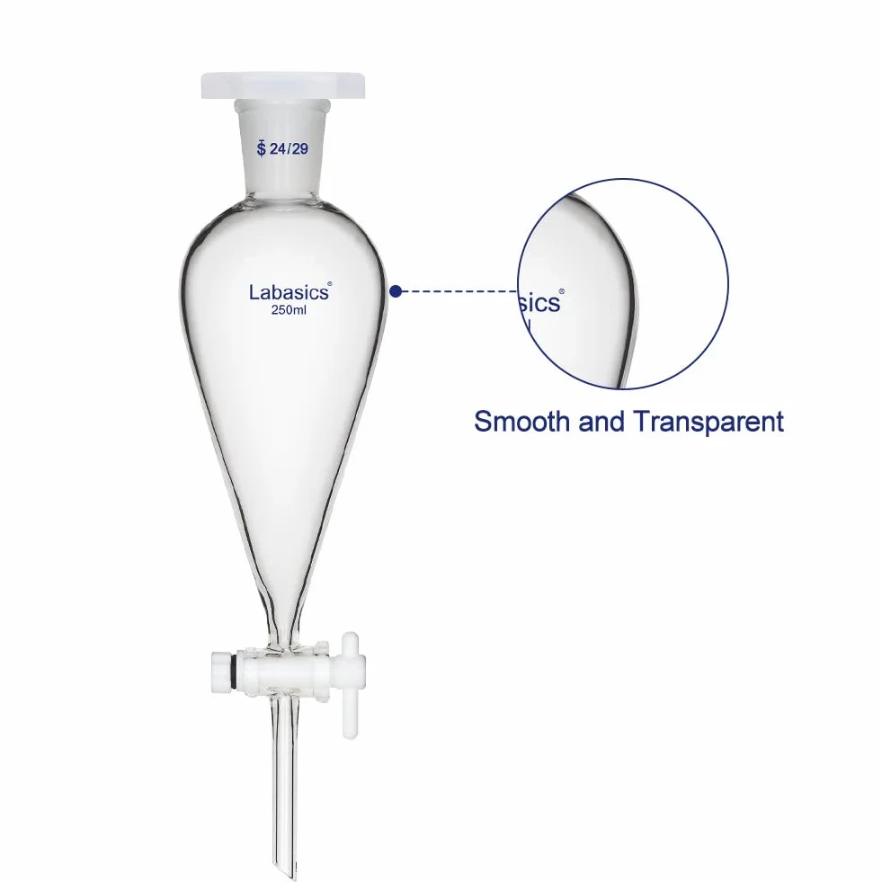 Labasics Imbuto Separatore Conico a Parete Pesante in Vetro Borosilicato con 24/29 Giunti e Rubinetto di Arresto in PTFE, 250 ml