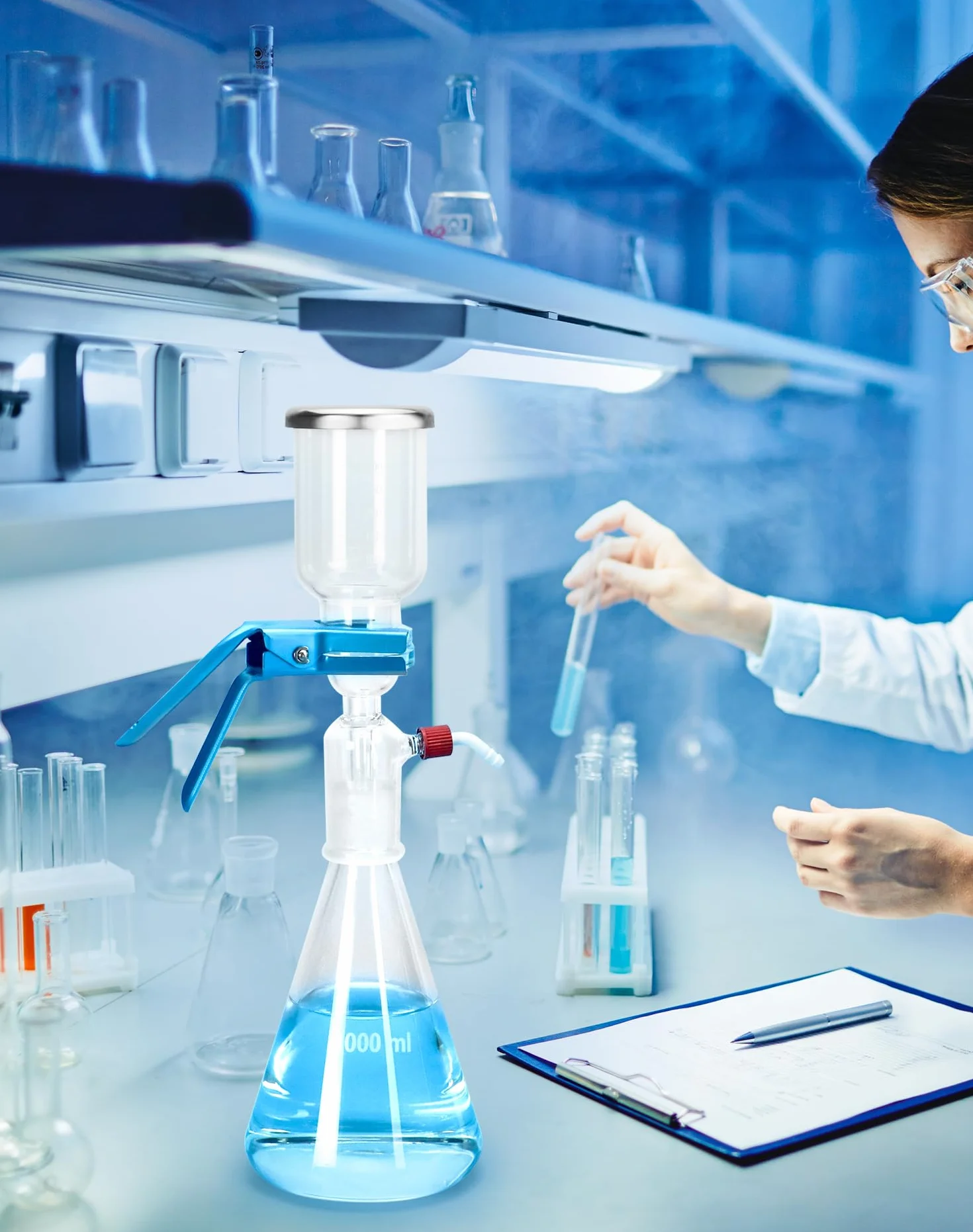 QWORK 1000 ml vetro vuoto filtrazione distillazione apparecchio per il filtraggio in laboratorio con imbuto graduato 300 ml