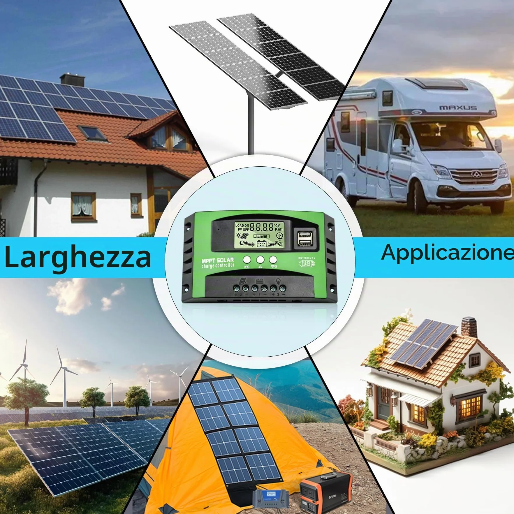 MPPT 30A Regolatore di Carica Solare 12V 24V Auto, Regolatore di Carica 30A MPPT con Sensore Temperatura e LCD Display 2 porte USB Adatto, per pannelli solari 12V 24V al Piombo e Litio Batterie