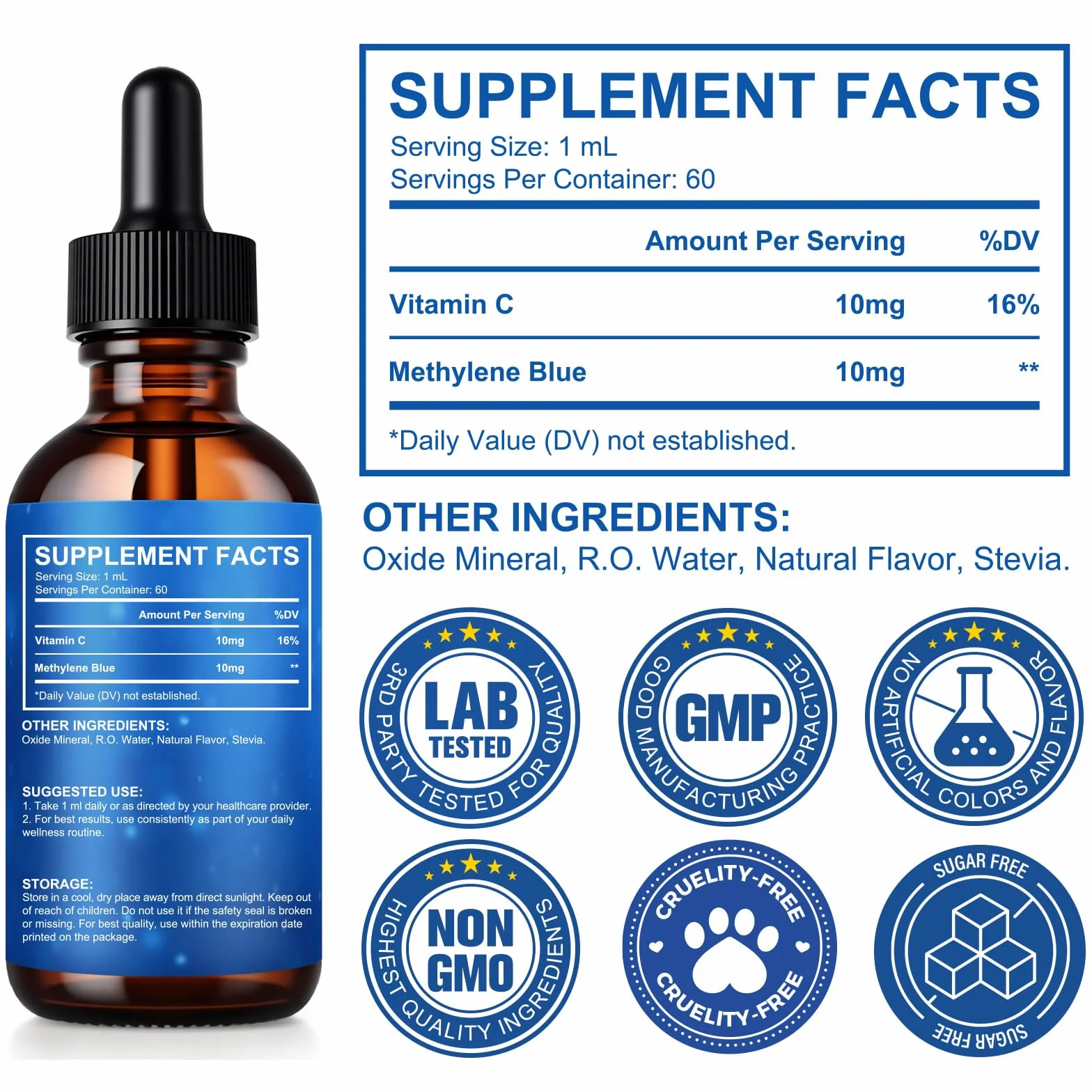 Methylene Blue 1% 60ml con Vitamina C & Stevia, Purezza Ultra Elevata, Testato in Laboratorio