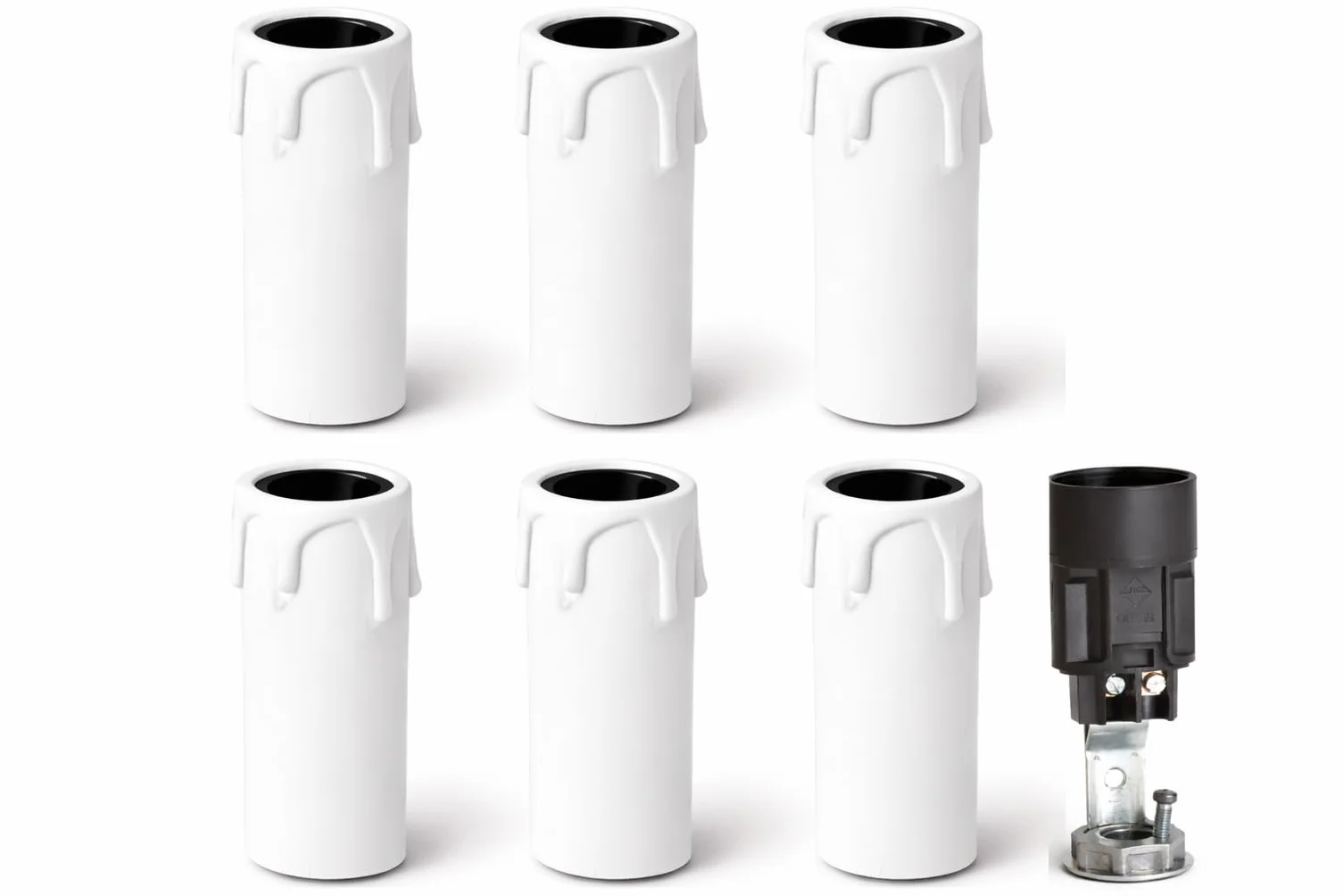 Kit 6 Portalampade E14 Finta Candela Bianca – Copricandela per Lampadari Classici e Vintage – Attacco E14 con Nipplo M10 e Vite di Sicurezza – Altezza 65 mm