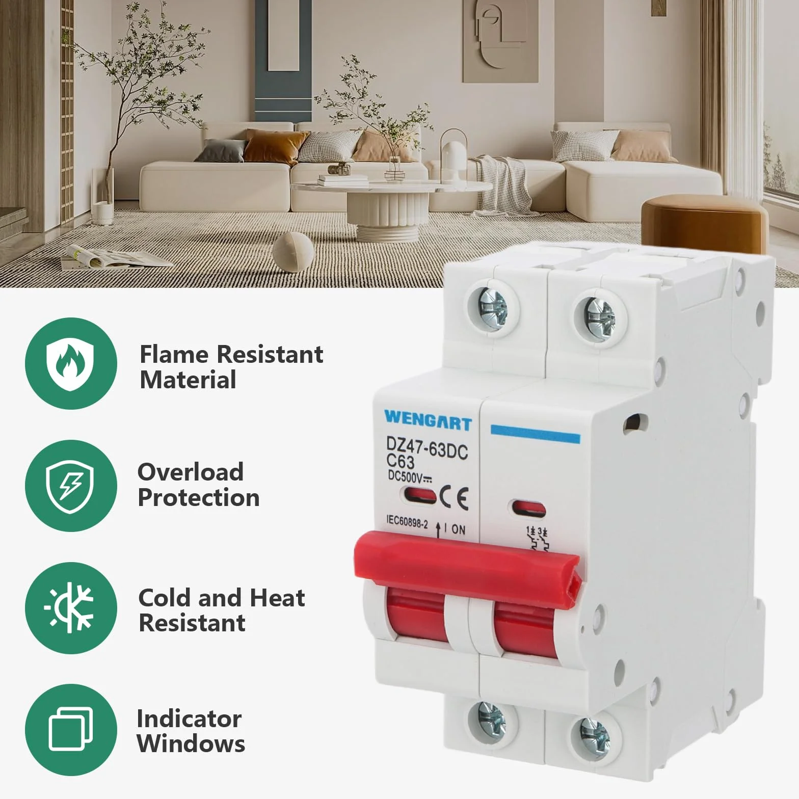 Interruttore DC Wengart DZ47-63Z, interruttore di sezionamento DC, 500V 63A 2 poli, montaggio su guida DIN, per batterie e sistemi fotovoltaici solari e altri sistemi DC