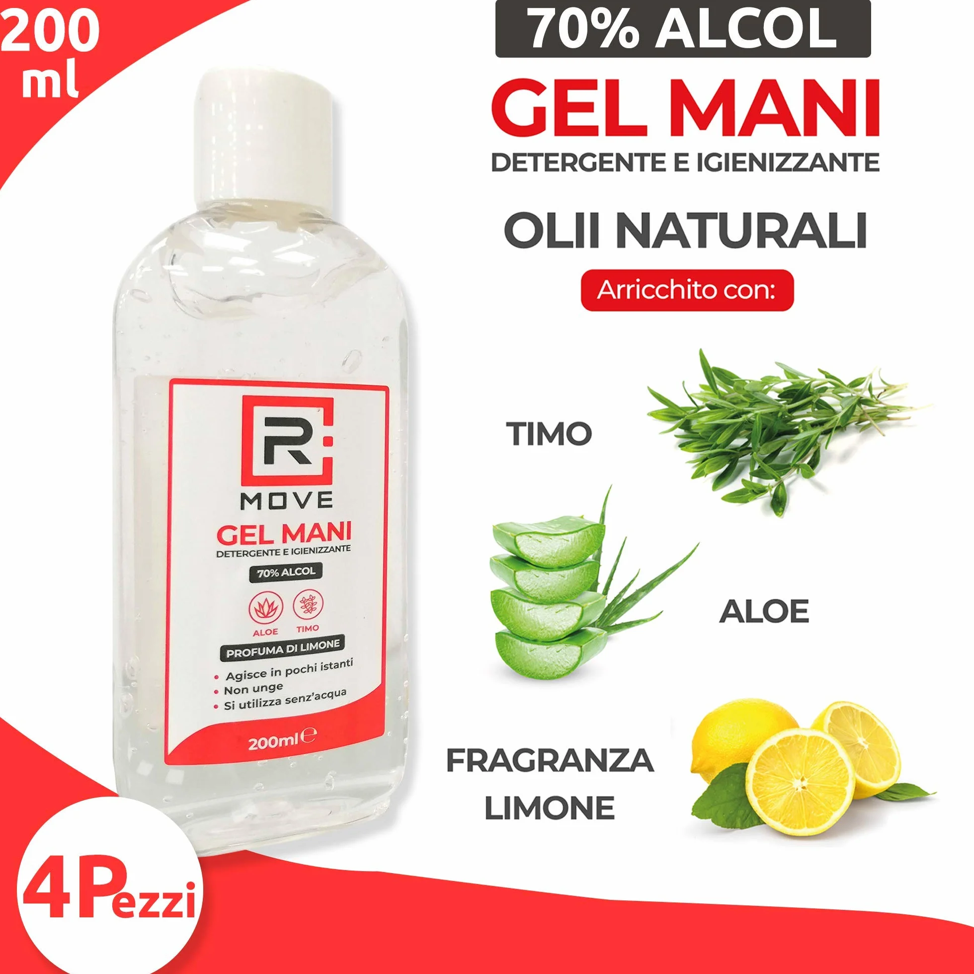 RMOVE 4 flaconi 200ml gel igienizzante mani 70% ALCOL profumato al limone con Aloe e Timo
