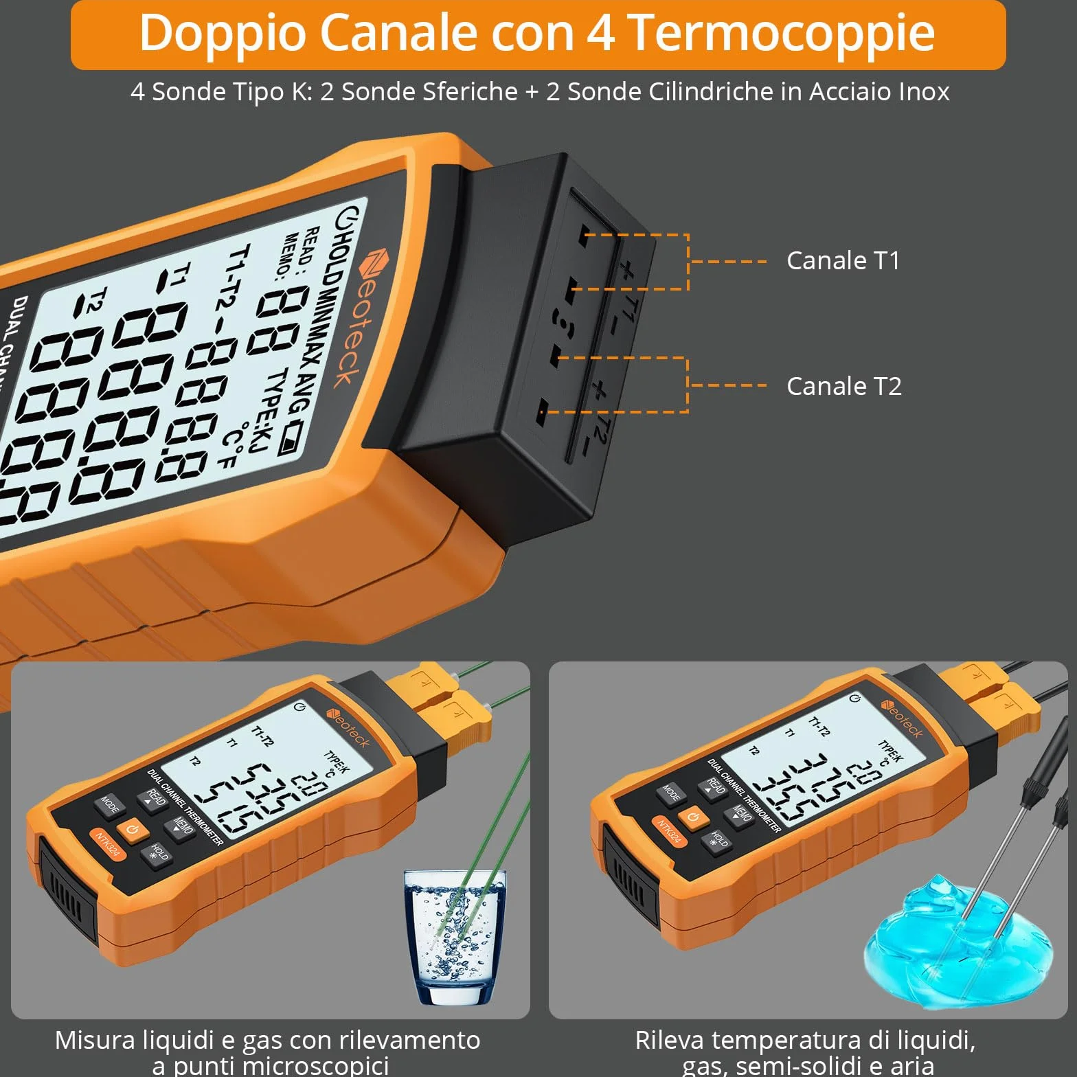 Neoteck Termometro a Doppio Termocoppia -50~1300℃ Digitale 2 Canali Tipo K/J con 4 Sonde, Memoria 99 Dati, Display LCD Retroilluminato per HVAC