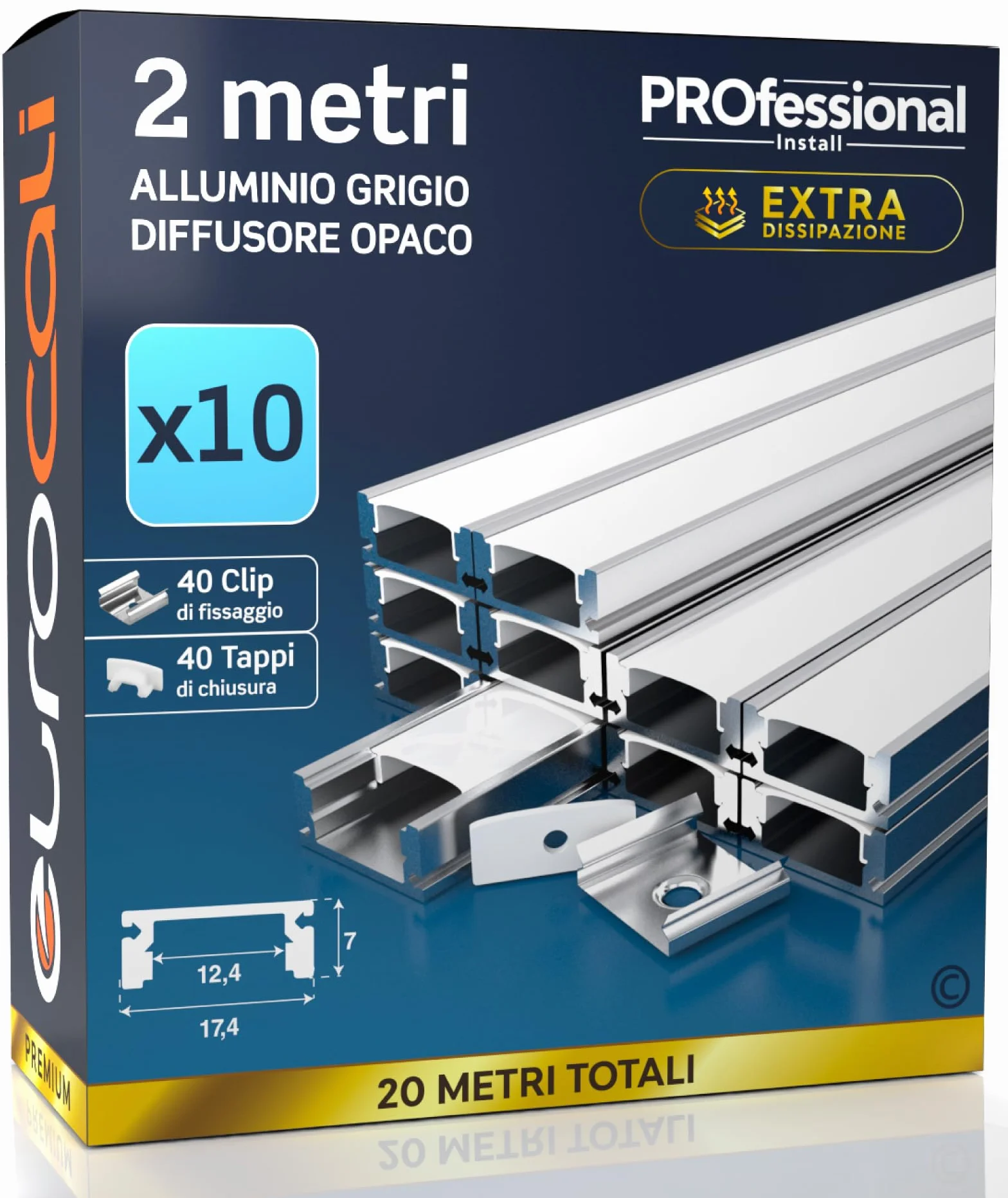 Eurocali 10x Profili da 2 metri (20mt) in Alluminio grigio per Strisce LED Schermatura Opaca ingombro max striscia led 12.4mm - 17.4 x 7