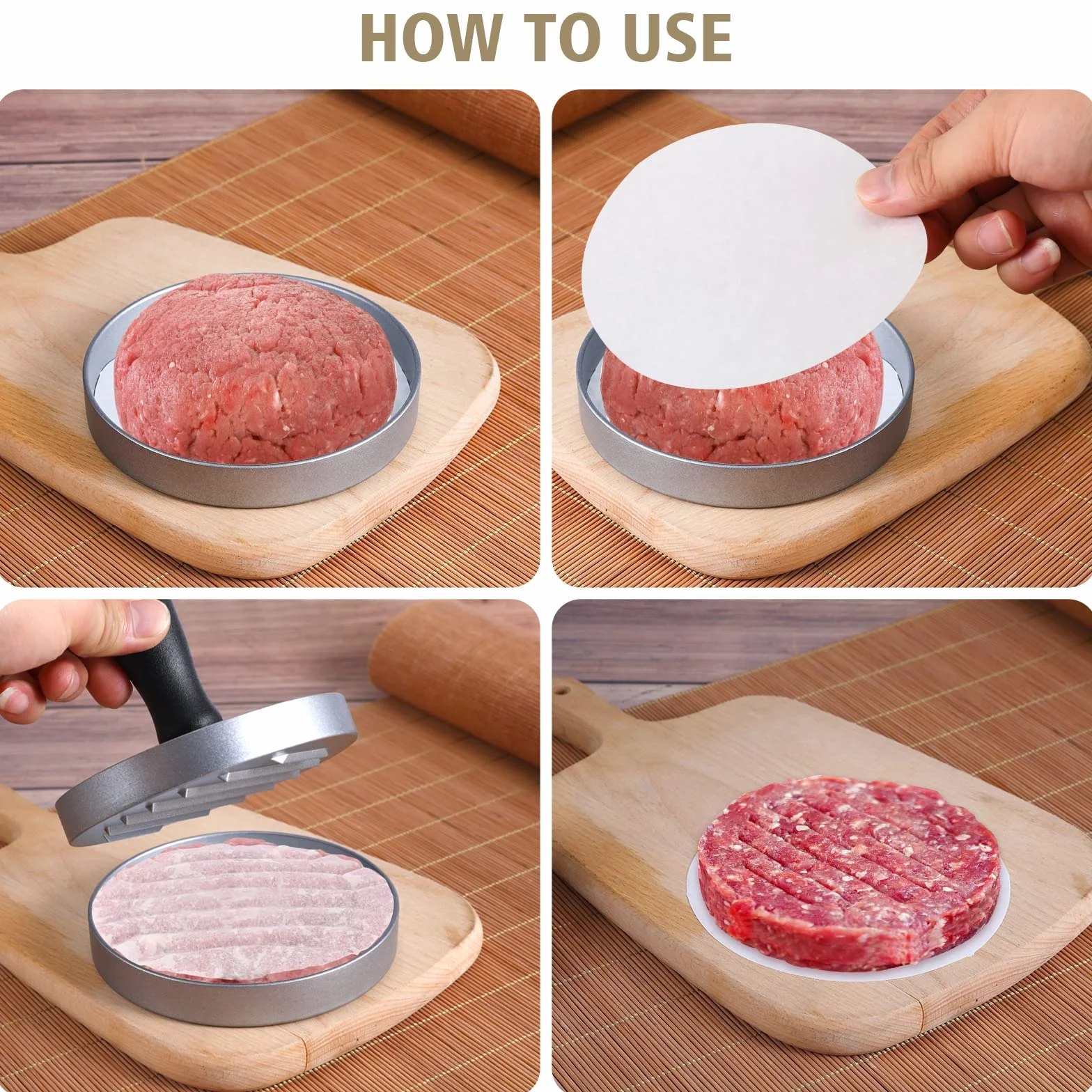 Burger Press e 100 carta oleata antiaderente per carne Patty Hamburger Maker per preparare hamburger tascabili ripieni da un quarto di libbra o grandi 1/3 di libbra, alluminio per barbecue