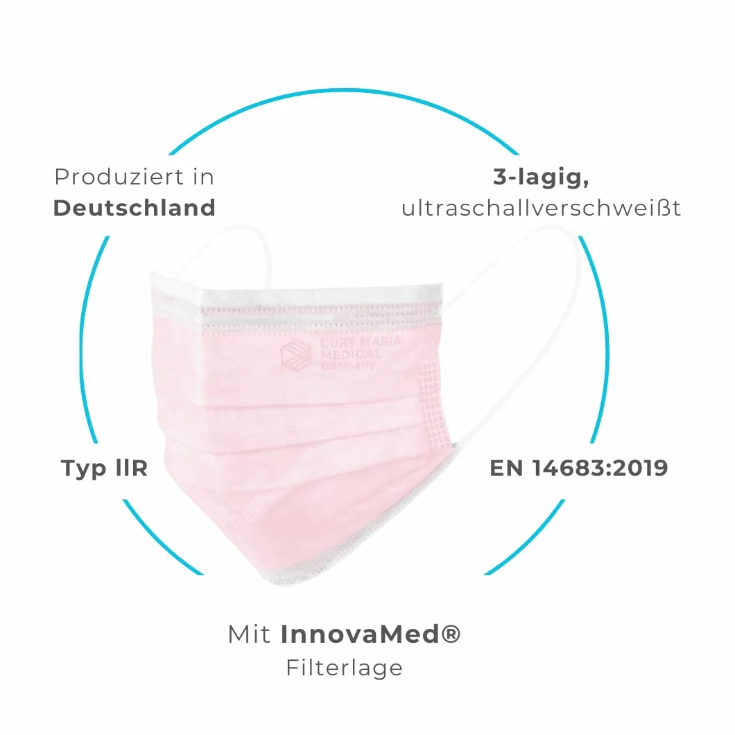 Curt Maria Medical 3-Ply Maschere Viso Mediche con Anelli per Orecchio Uso Singolo Rosa Confezione da 50