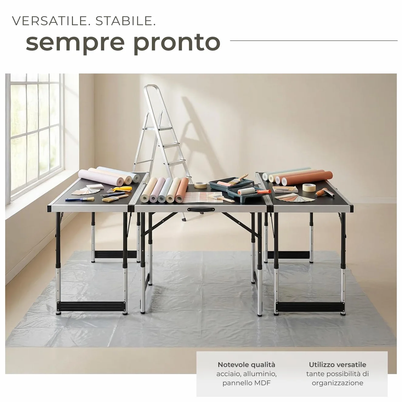 tectake® Tavolo da Lavoro Pieghevole in Alluminio, Multifunzionale, 300x60 cm, Tre Pezzi, Tavoli Pieghevoli da Lavoro, Regolabili, Tappezzeria, Feste, Campeggio, Stabili, Montaggio Rapido, Peso 11 kg