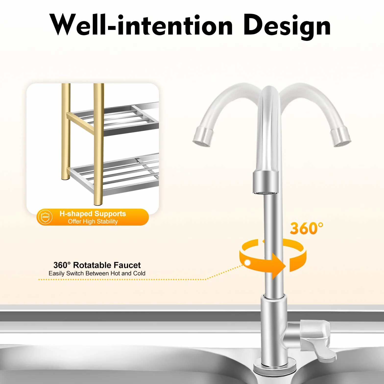 Lavabo in acciaio inox autoportante, capacità di carico 220 lbs, mobile lavello da cucina con rubinetto girevole a 360°, 120 x 45 x 80 cm, lavello commerciale con 2 vasche per ristorante, bar