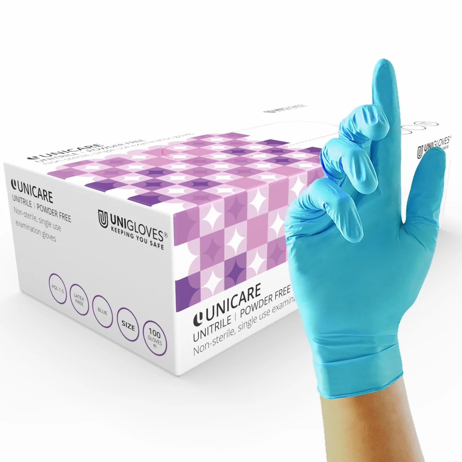 Unigloves Unitrile GS0053 Guanti monouso per uso medico, senza polvere e lattice, confezione da 100, blu, taglia M