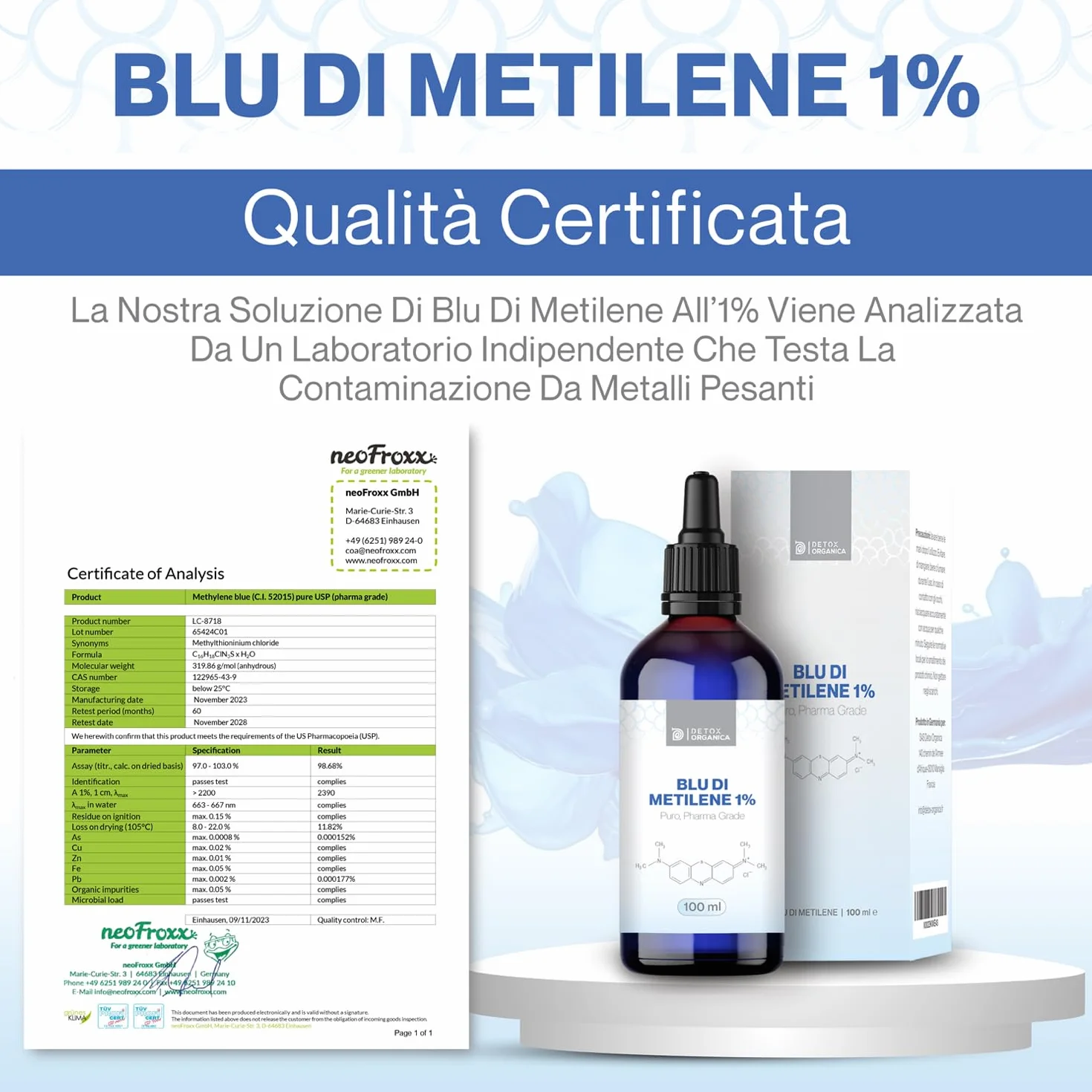 Methylene Blue 1% Soluzione 100 ml Detox Organica Alta Purezza