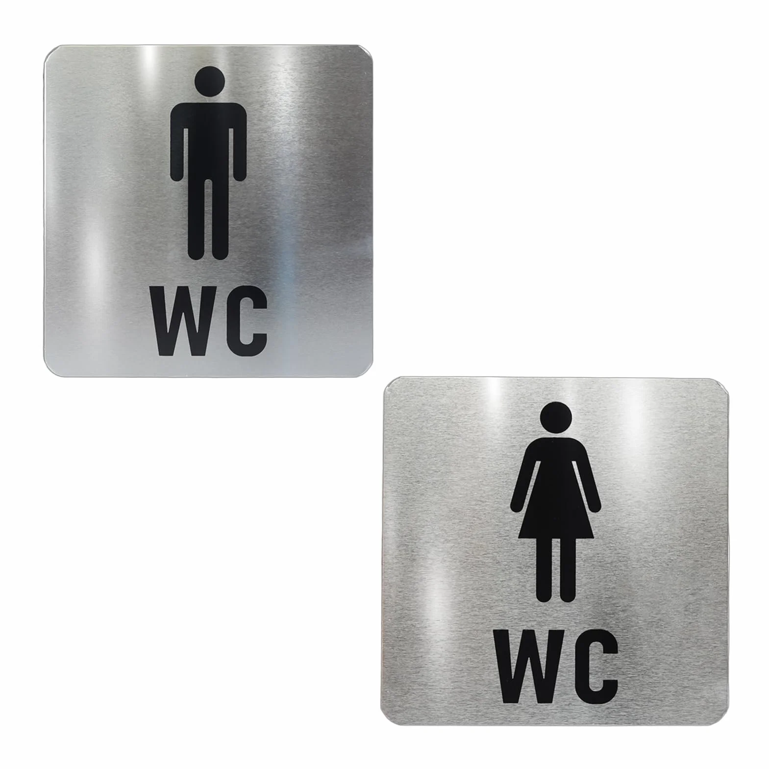 Due cartelli WC Segno Targa da 12 x 12 cm, Cartelli per Bagni Maschili e Femminili Color Srgento, Realizzati in Acciaio Inossidabile Resistente al Sole e All'acqua, Adatti per Bagni e Toilette