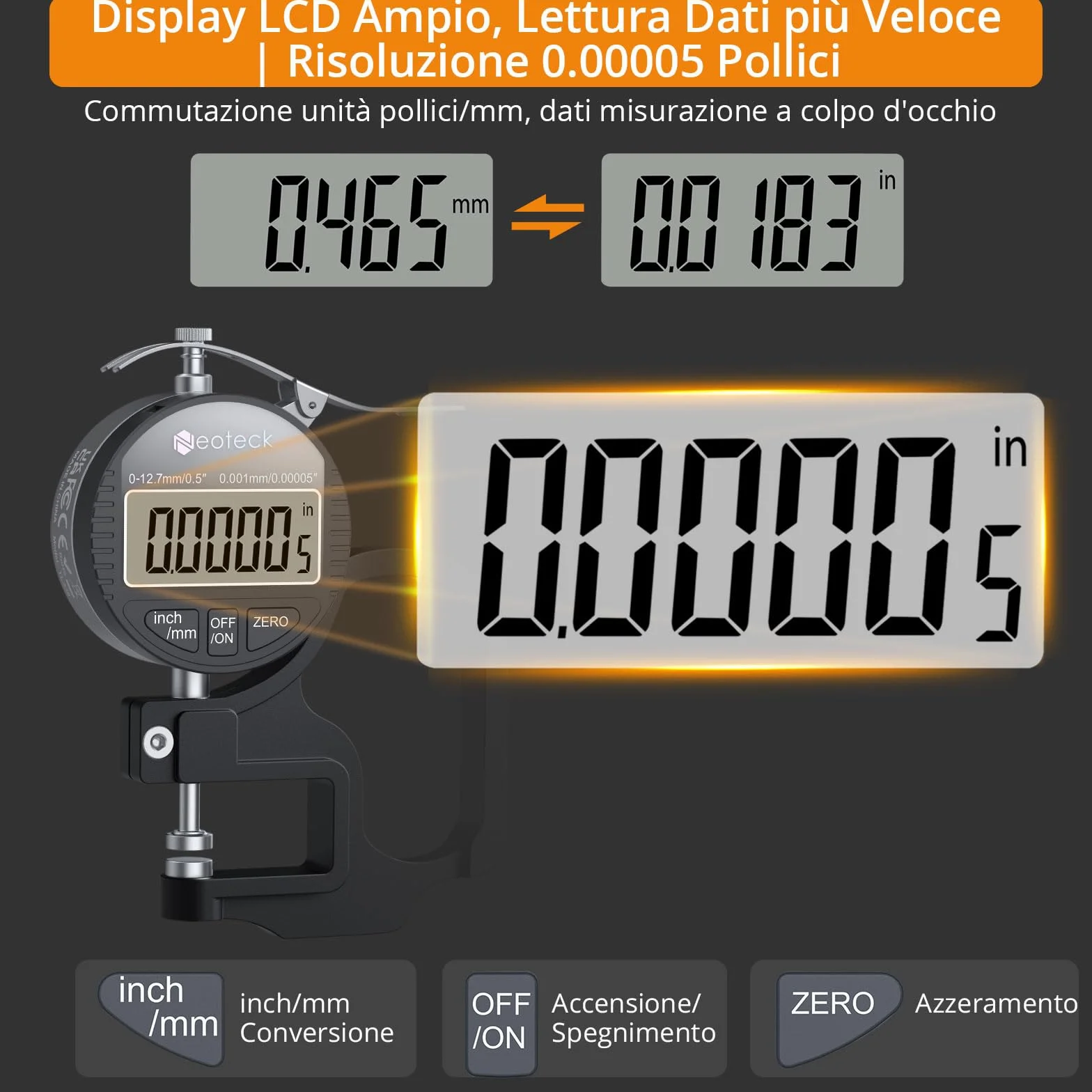 Neoteck Micrometro Digitale 0-12.7mm Risoluzione 0.001mm Calibro Spessore LCD Misuratore di Precisione