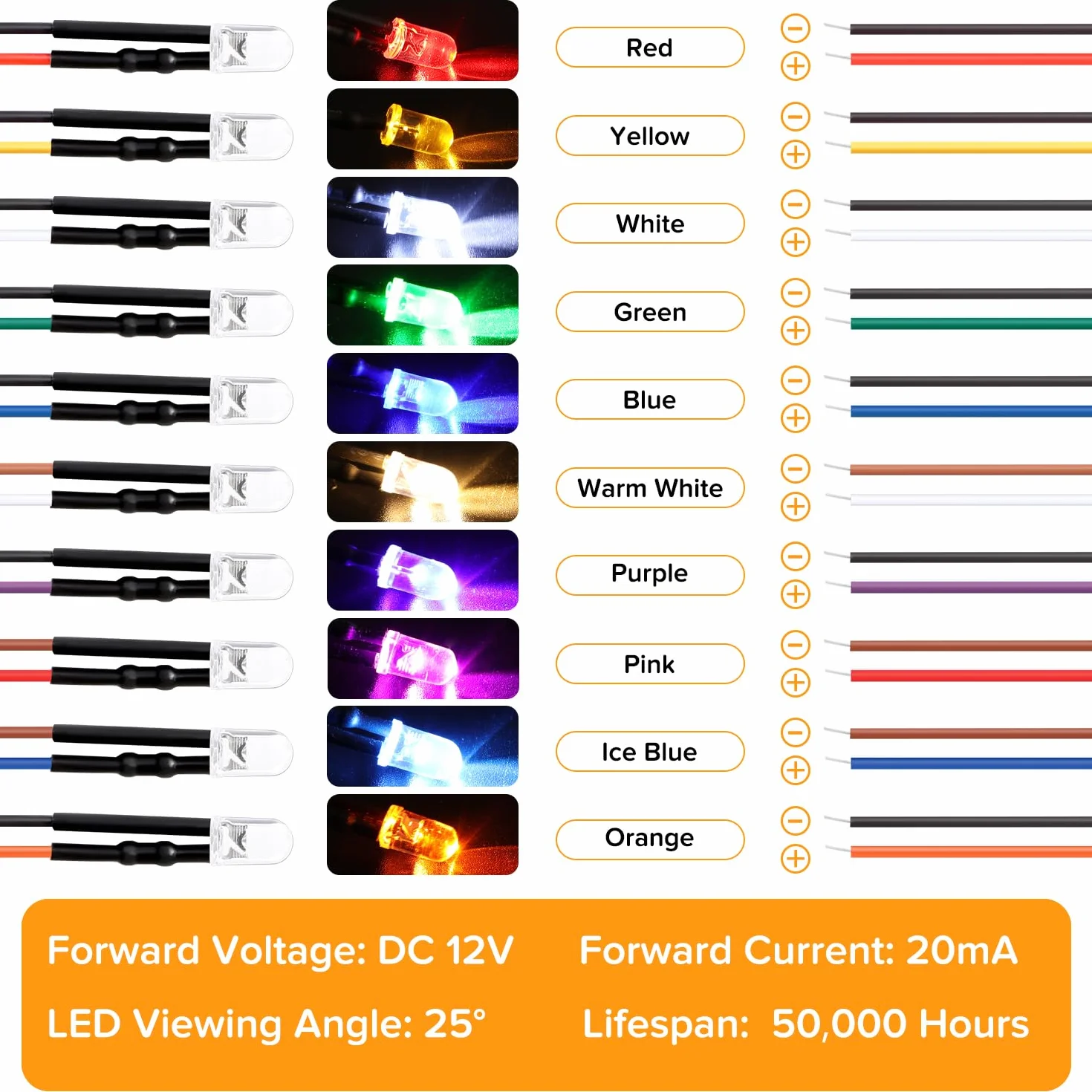 50 Pezzi 5mm 12V Diodo LED Precablata 20cm con Supporto Plastica, 10 Colori